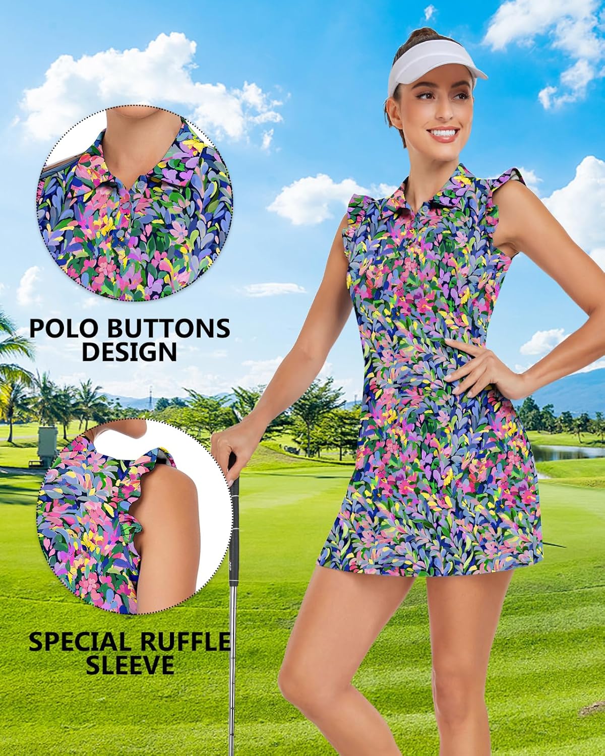 Soneven Tennis Dress for Women Floral Ruffle Sleeve Golf Dresses with Shorts and Pockets 1/4 Zip Golf Outfits