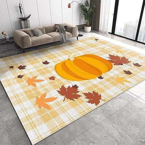 Miniatura 2 de Alfombra decorativa con diseño de hojas de arce y calabaza amarilla, color amarillo y blanco, fácil de limpiar, con respaldo antideslizante para