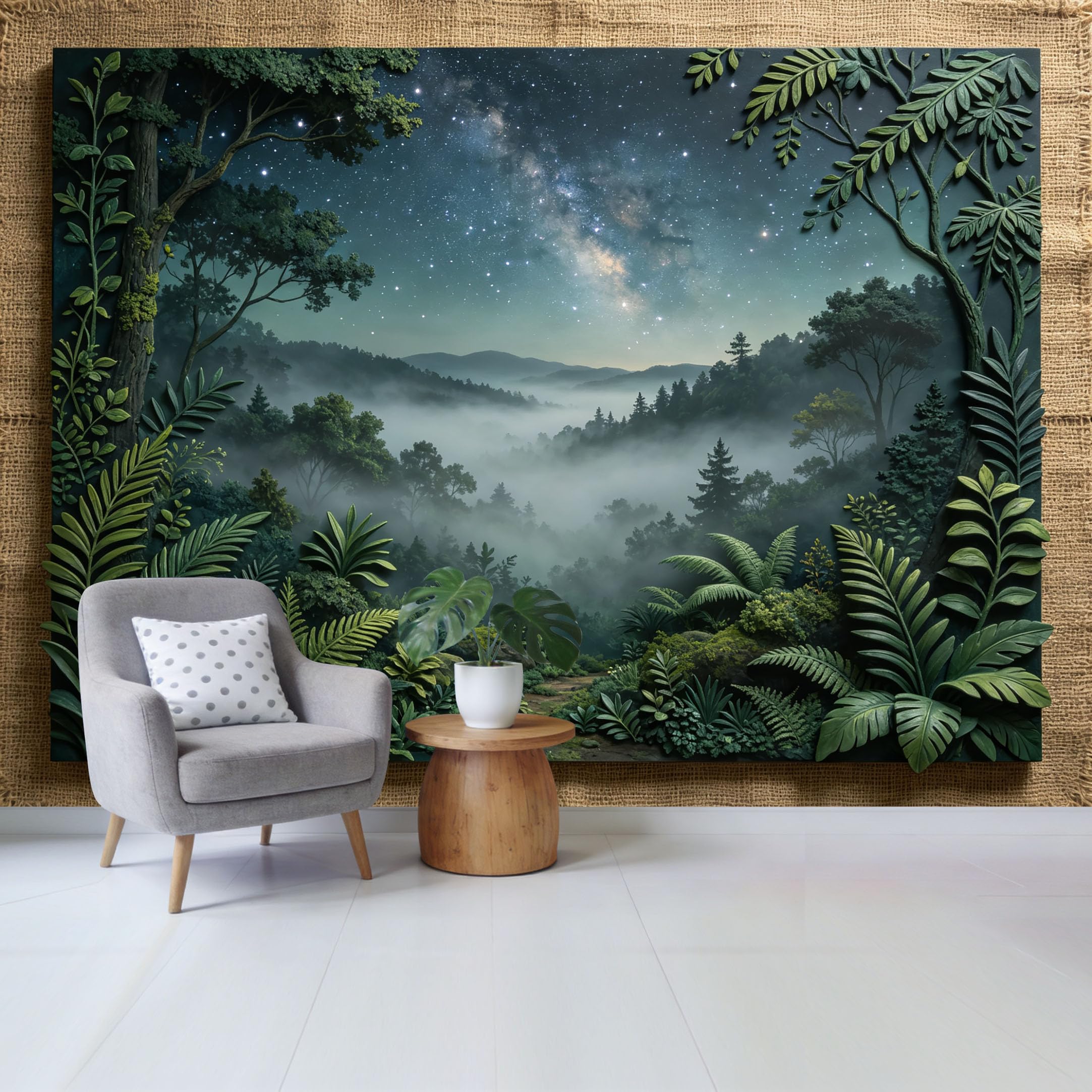 Qzlithotic Yq2605250798 Custom Size Wall Mural Enchanted Midnight Forest Milky Way Starry Night Foggy Mountain Botanical 3D Textured Selfadhesive Wall Fabric Removable Wallpaper For Home Office Decor