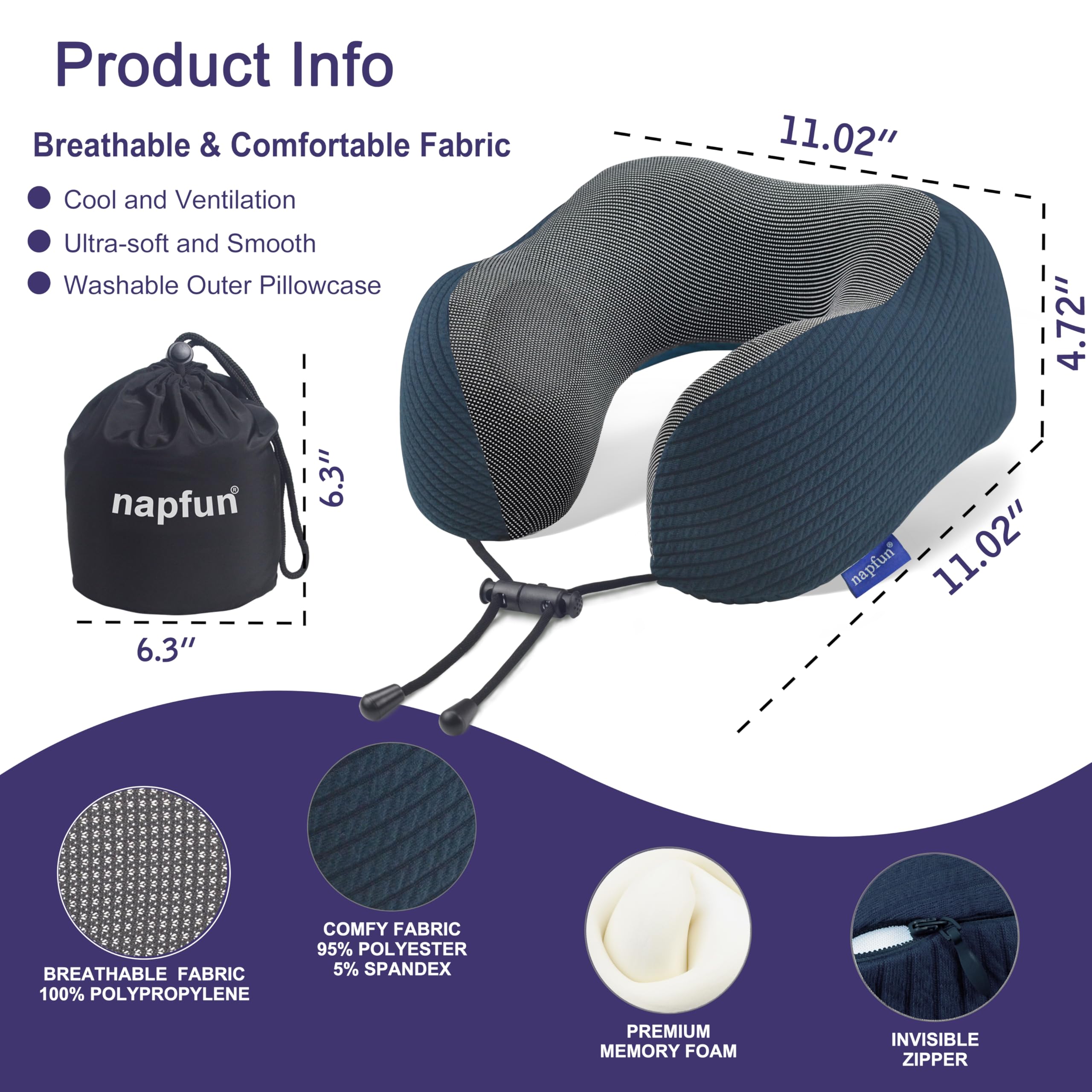 napfun Neck Pillow for Travel, Memory Foam Airplane Pillow, Deep Blue view 2