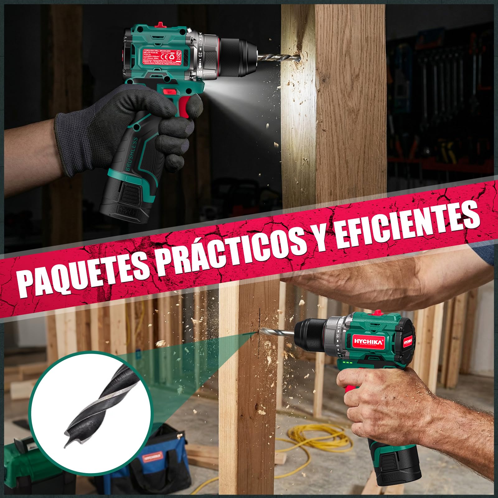 HYCHIKA Taladro atornillador batería, motor sin escobillas, 45Nm Máx, con 23+1 de par de giro, 2 velocidades, 1500mAh 53 accesorios Adecuado para atornillar, taladrar en madera, plástico, metal