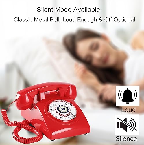 Miniatura 4 de Campana mecánica de teléfono giratorio retro rojo, teléfono antiguo actualizado de los años 60 (cable extraíble), teléfono giratorio antiguo (timbre