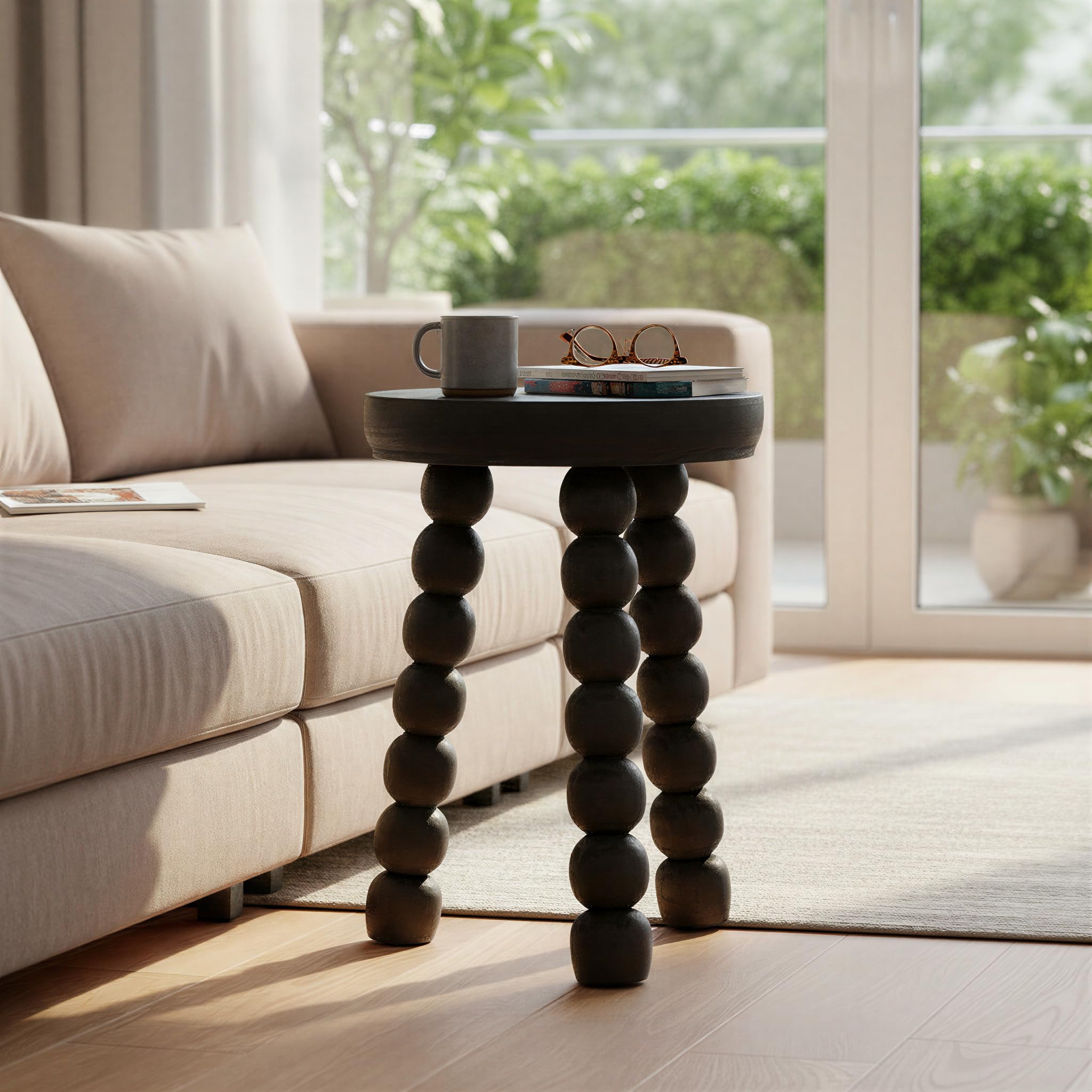 Creative Co-Op Paulownia Wood Bead Ball Tri-Pod Accent Table. Black