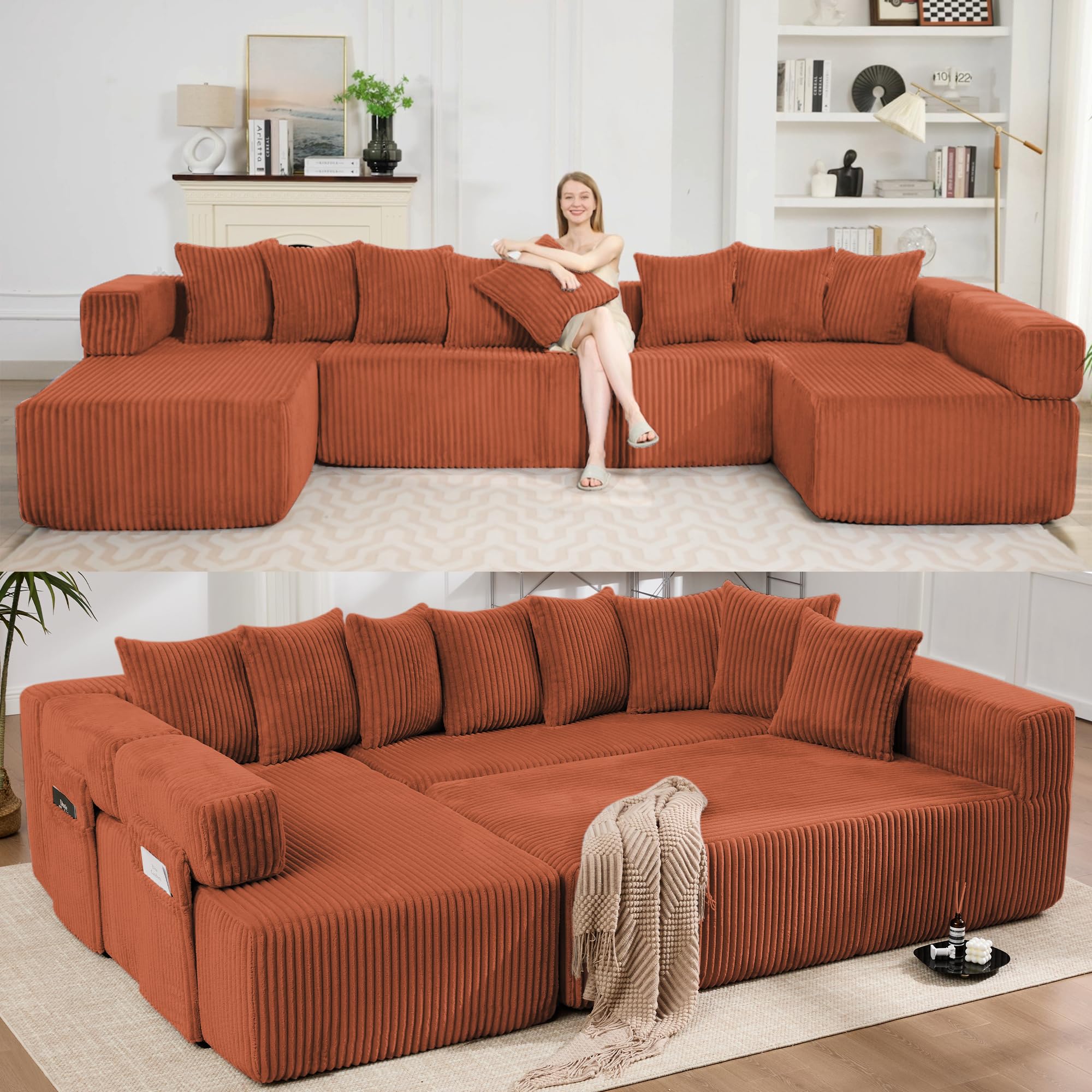 146" Oversized Cloud Boneless Couch with Chaise, Modern U Shape Modular Deep Seat Sectional Sofa, Comfy Corduroy Upholstered Couches for Living Room, No Assembly Required-Burnt Orange
