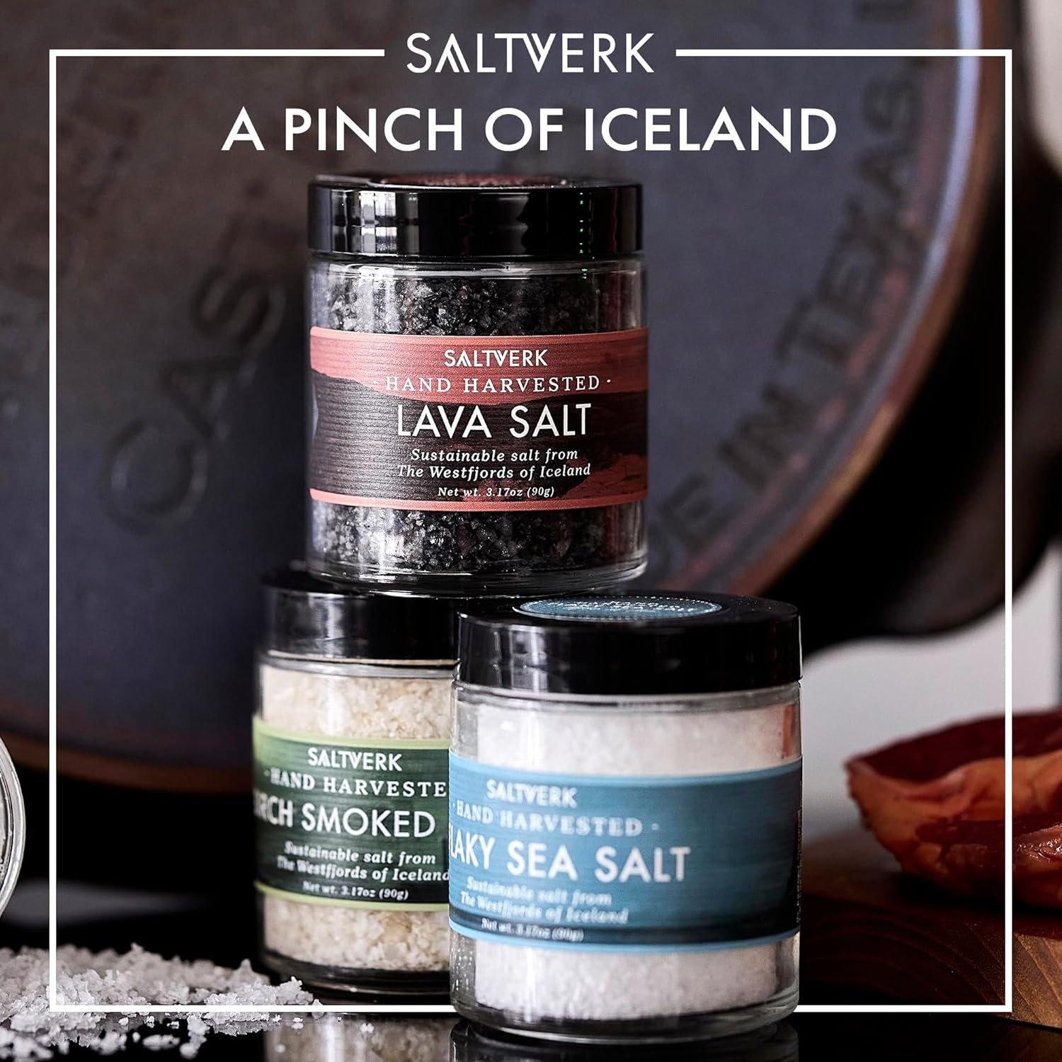 Saltverk Salt Luxury Gift Set - Includes 3 Jars - Flaky, Lava, and Birch Smoked Sea Salts- Gourmet, Icelandic, Hand Harvested and Sustainably Made - 9.51 Oz Total