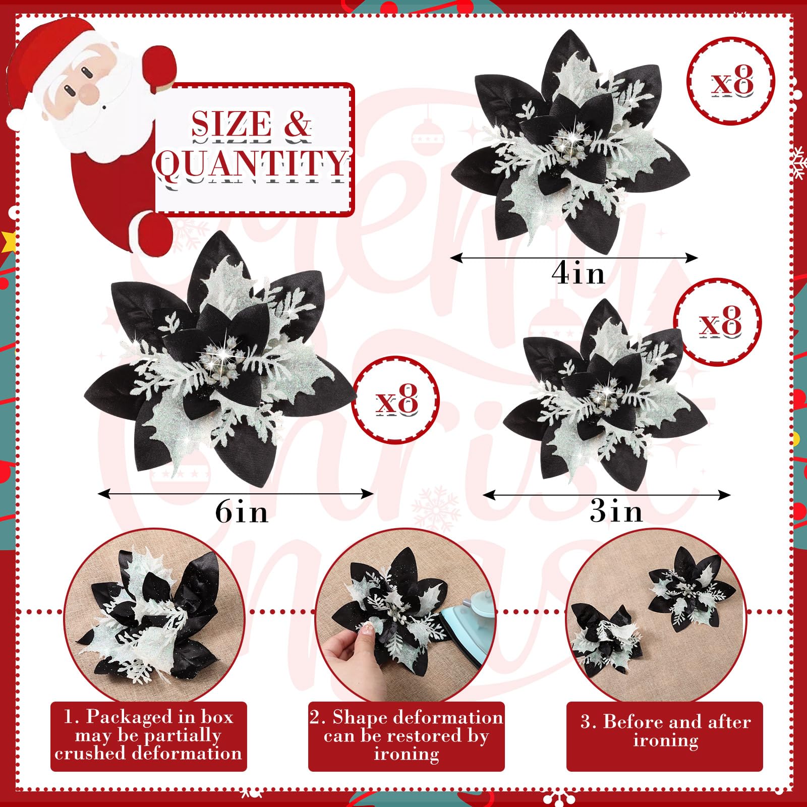 24 stelle di Natale artificiali glitterate, fiori di stella di Natale artificiali, decorazioni per albero di Natale, ornamenti con clip per bomboniere, 15,2 cm, 10,2 cm, 7,6 cm (nero, bianco, oro