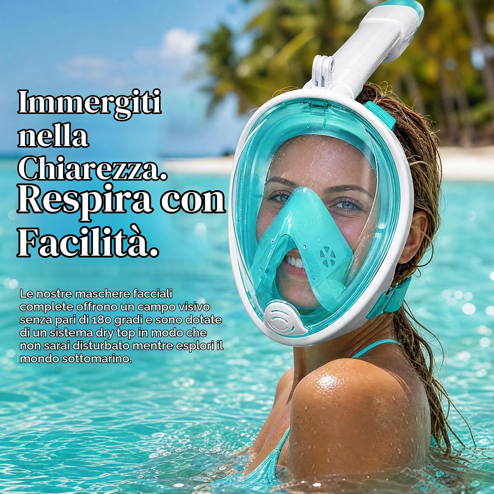 Maschera Snorkeling Integrale 180 Gradi Anti Appannamento Con Tubo Rimovibile E Supporto Fotocamera, Maschera Subacquea In Silicone Regolabile Verde Per Snorkeling E Nuoto