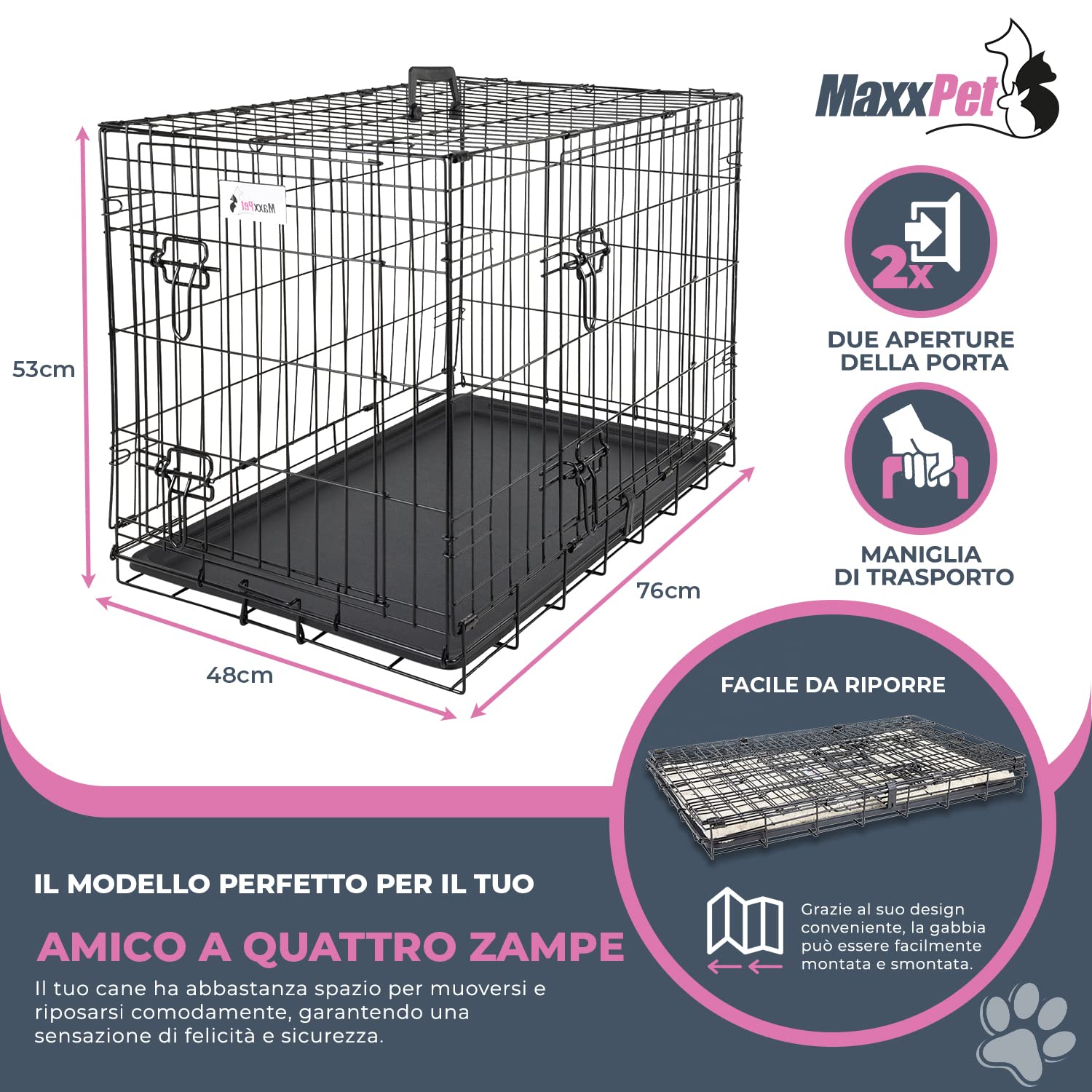 MaxxPet Gabbia Per Cane - Gabbia Cani - Con 2 Porte d’Ingresso - Pieghevole e Trasportabile - Kennel Cane Grande - 76x48x53 cm - Nero
