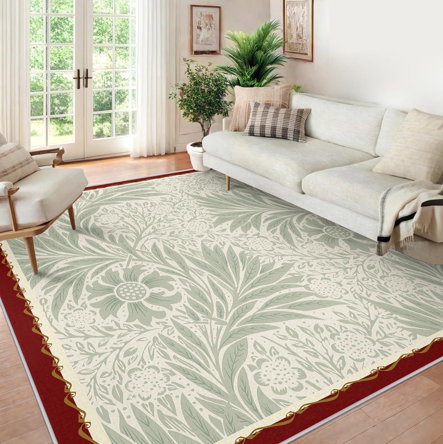 Tapis de Salon 200x300 Tapis Vert Sauge Dossier antidérapant Lavable pour Chambre Salle Manger Bureau Domicile Chambre bébé intérieur Sol Fleur Plante rétro décoration Salle Jeux