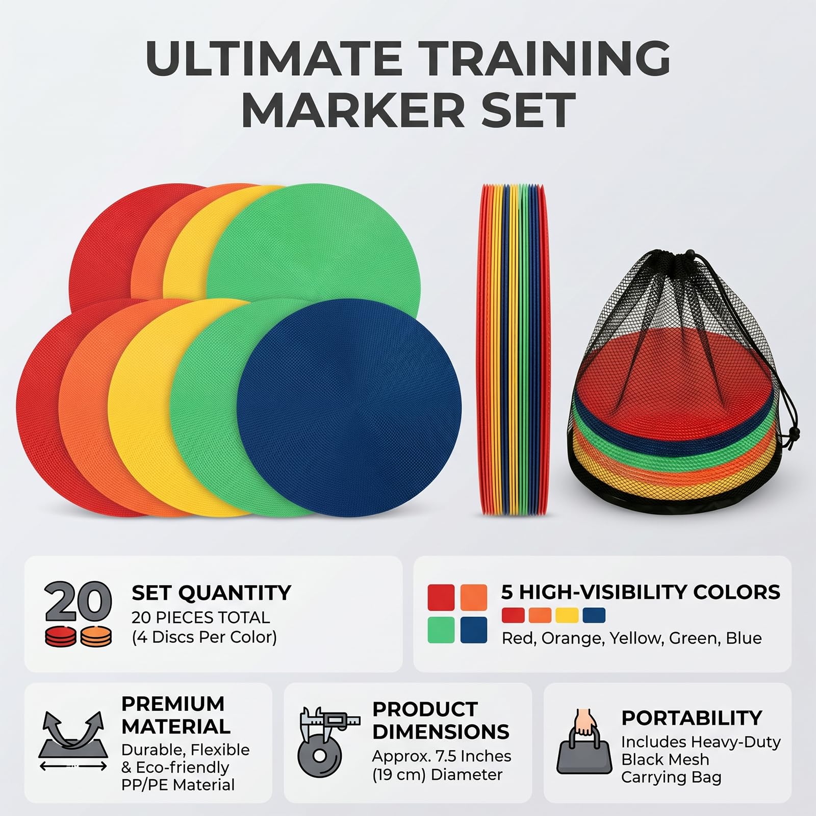 20 Markierungsscheiben 23 cm flach rutschfest - Fußball Hütchen flach 5 Farben - Trainingsmarker Set für Fußball Training Sportplatz Schule Verein Indoor Outdoor