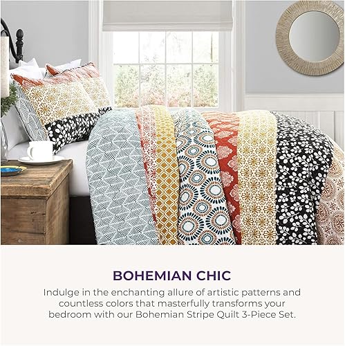 Miniatura 2 de Lush Decor - Juego de ropa de cama de 3 piezas colorido diseño bohemio a rayas reversible