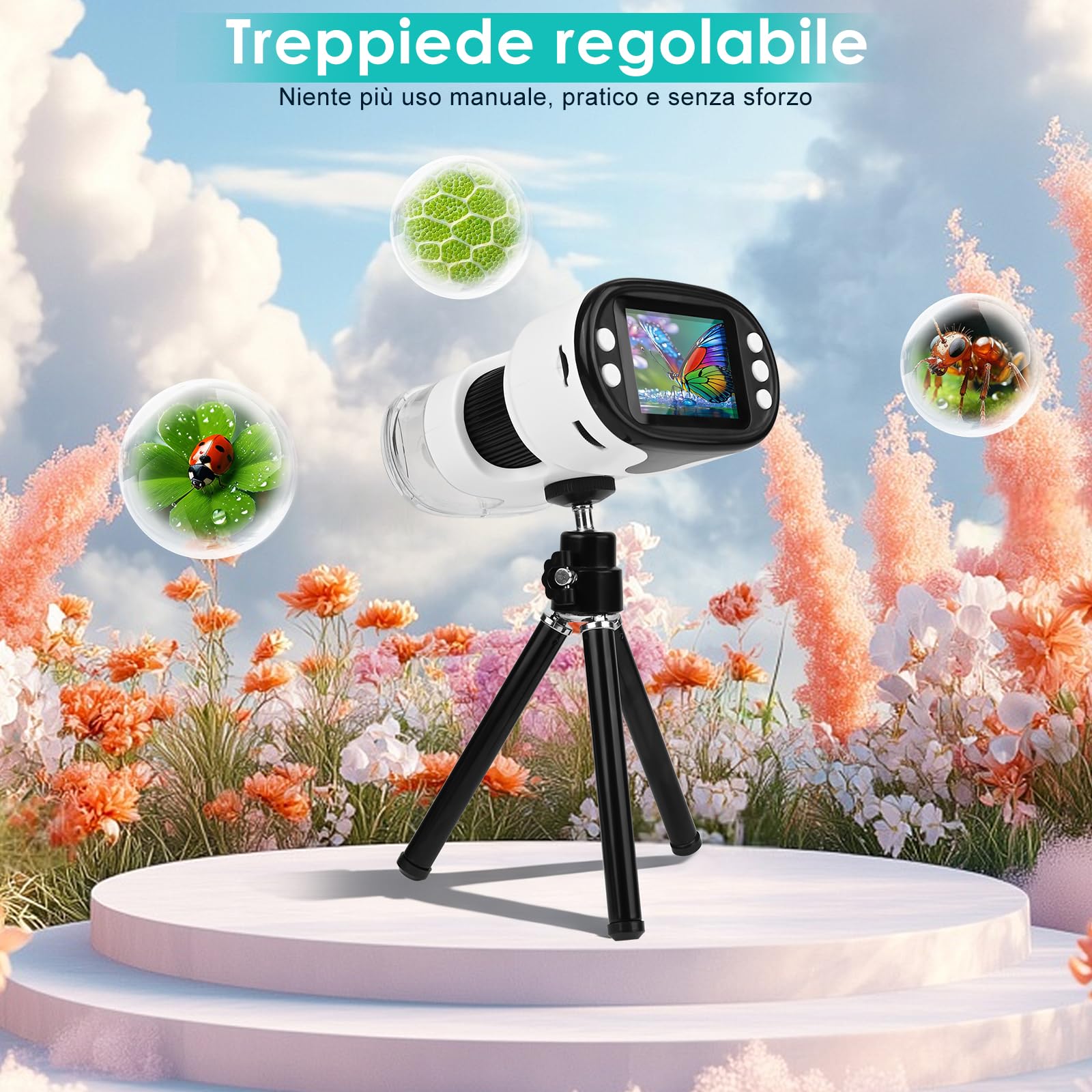 Microscopio Bambini Portatile,1000X Microscopio Digitale,con 2.0" IPS Pollici ＆ 8 LED Luce,USB Ricaricabile,per Casa e Esterni, Regalo di Natale per Bambini 3-12 Anni