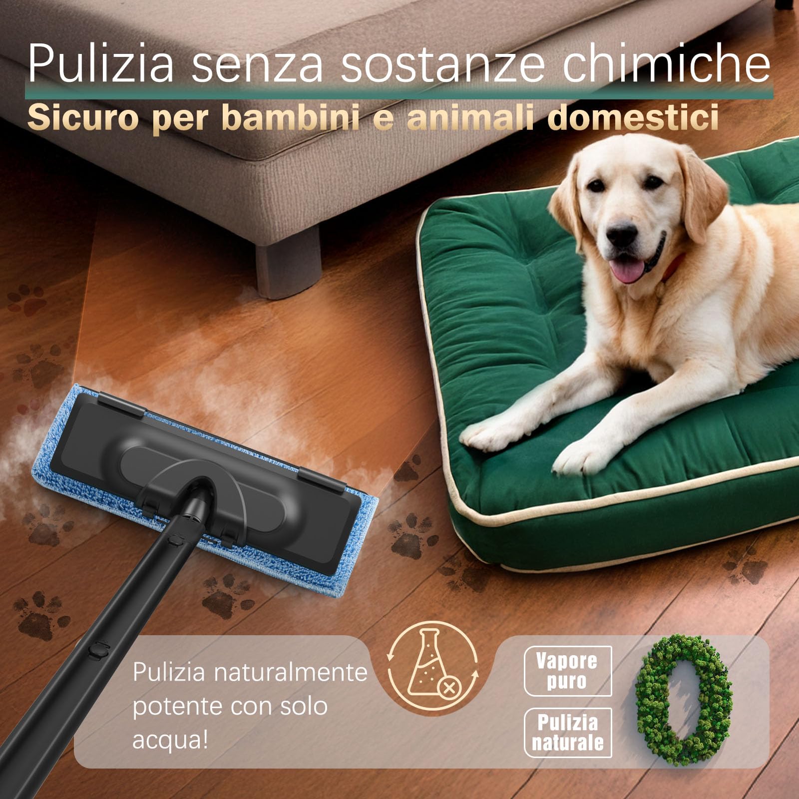 Pulitore a Vapore, 28 Accessori, 1,5 L 2000W, Pressione del Vapore 4 bar, Vapore Bloccabile, Potente Pulitore Vapore Casa per Rimuovere Sporco e Grasso da Pavimenti, Mobili Imbottiti e in Bagno