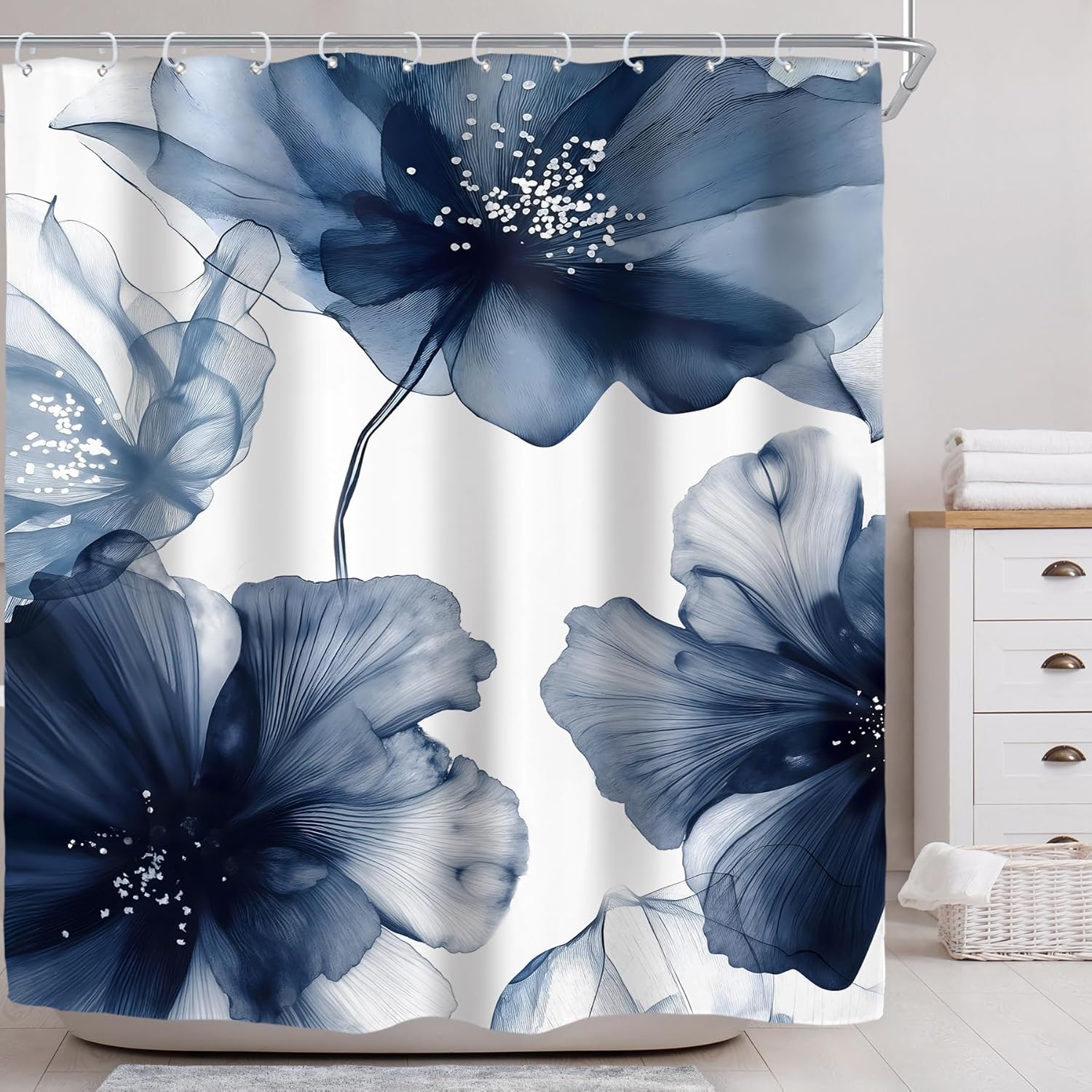 Riyidecor Navy Blue Floral Shower Curtain for Bathroom Decor 72Wx72H Modern Dark Watercolor Flower Elegant Ink Painting Artistic Women Art Printed Fabric Polyester Waterproof 12 Pack Plastic Hooks