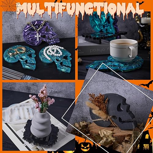 Miniatura 3 de Moldes de silicona para posavasos de Halloween, 4 piezas con 1 molde de soporte a juego, alfombrilla de resina epoxi, soporte para velas de