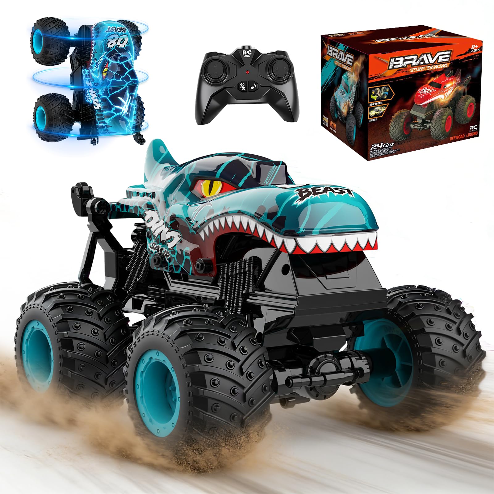 GYMSTR Dinosaur Monster Truck Toys With Light & Music,Kids 1:20 Remote Control Car-Christmas Birthday Present Boys Toys