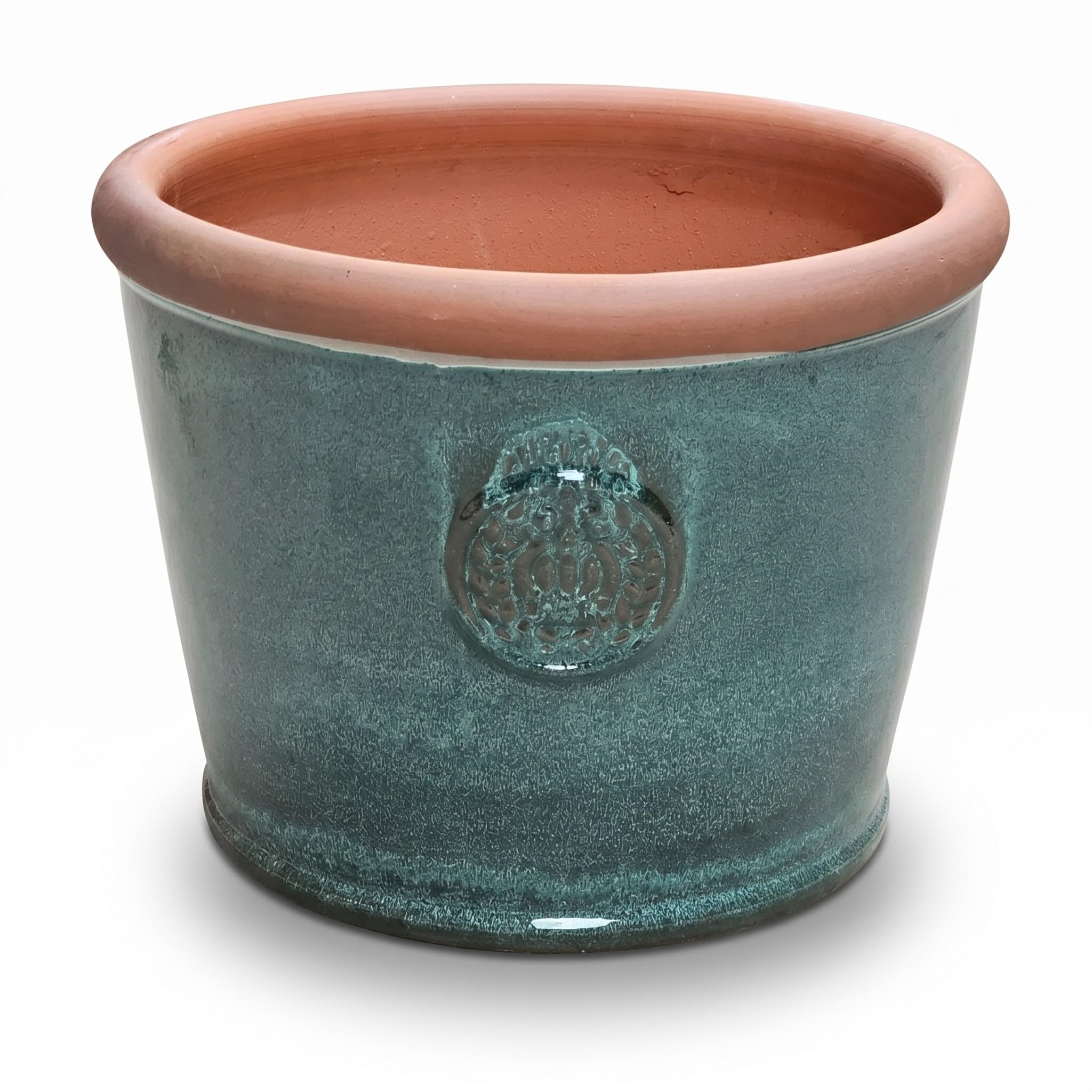 Teramico Pflanzgefäß Blumentopf Übertopf Krone Steinzeug glasiert Weiß Grau Türkis 34cm 45cm absolut Frostfest und witterungsbeständig (Moos Grün, 28cm x 21cm)