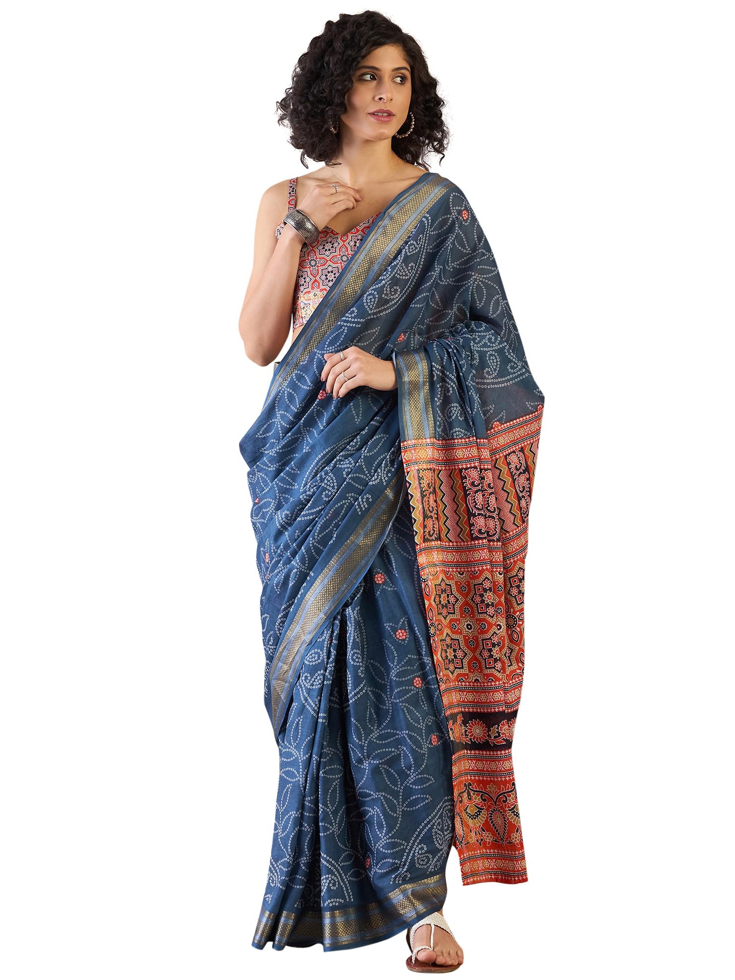 saree mall Women's Cotton Bandhani Printed Ready To Wear one Minute Saree With Unstitched Blouse-picture-10
