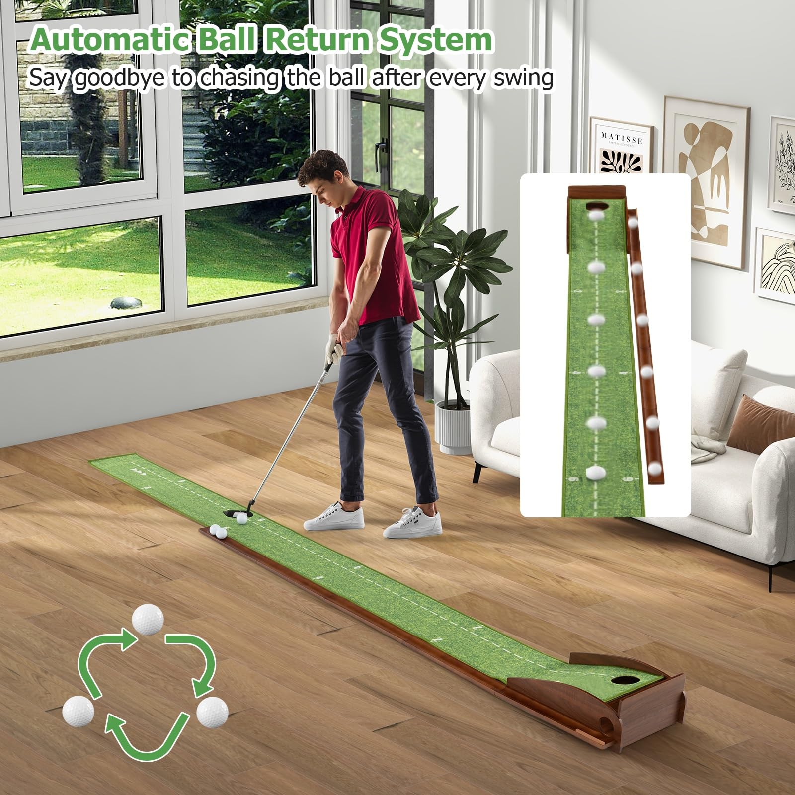 LIFEZEAL Tapis de Putting de Golf avec 1/2/3 Trous et Retour Automatique, Tapis d'Entraînement de Golf avec Boche, Enroulable et Portable, 3 Balons de Golf, Intérieur et Extérieur