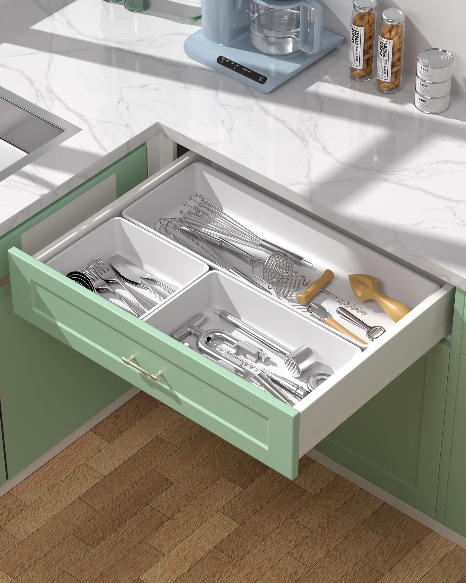 Set di 10 organizer per cassetti di grandi dimensioni, in plastica, 3 misure, per scrivania, cassetti, contenitori per vanità, trucco, bagno, utensili da cucina e ufficio (bianco)