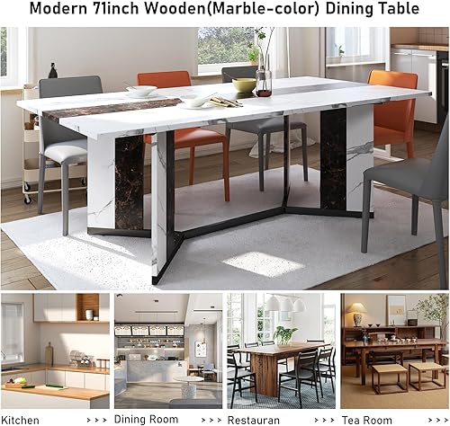 Miniatura 5 de 71 Inch Dining Table for 6 People,Modern White Rectangular Kitchen Table W/Waterproof Wood Tabletop,Farmhouse Long Dining Room Tables W/Adjustable