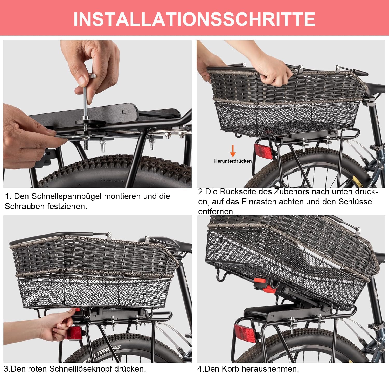 CXWXC Hinterer Fahrradkorb mit Griff – Schnell Abnehmbarer Fahrrad Heckkorb mit Gepäcknetz und wasserdichter Abdeckung, großer Drahtkorb für das Fahrradheck