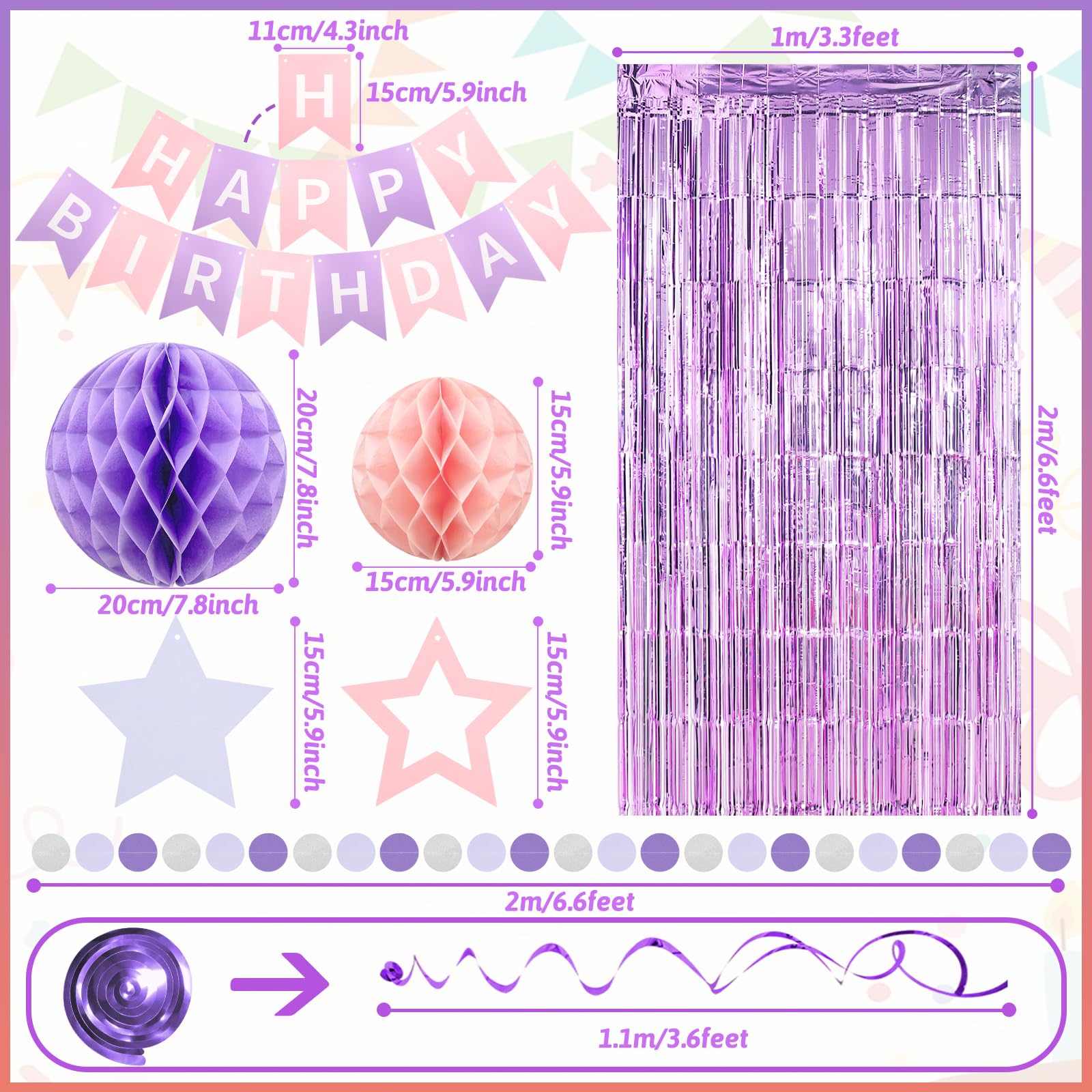 Leuke verjaardagsdecoratieset, verjaardagsbanner, foliegordijnen, honingraatballen en feestaccessoires, paars-roze, verjaardagsdecoratie, voor jongens/meisjes, kinderverjaardag, eenvoudige montage