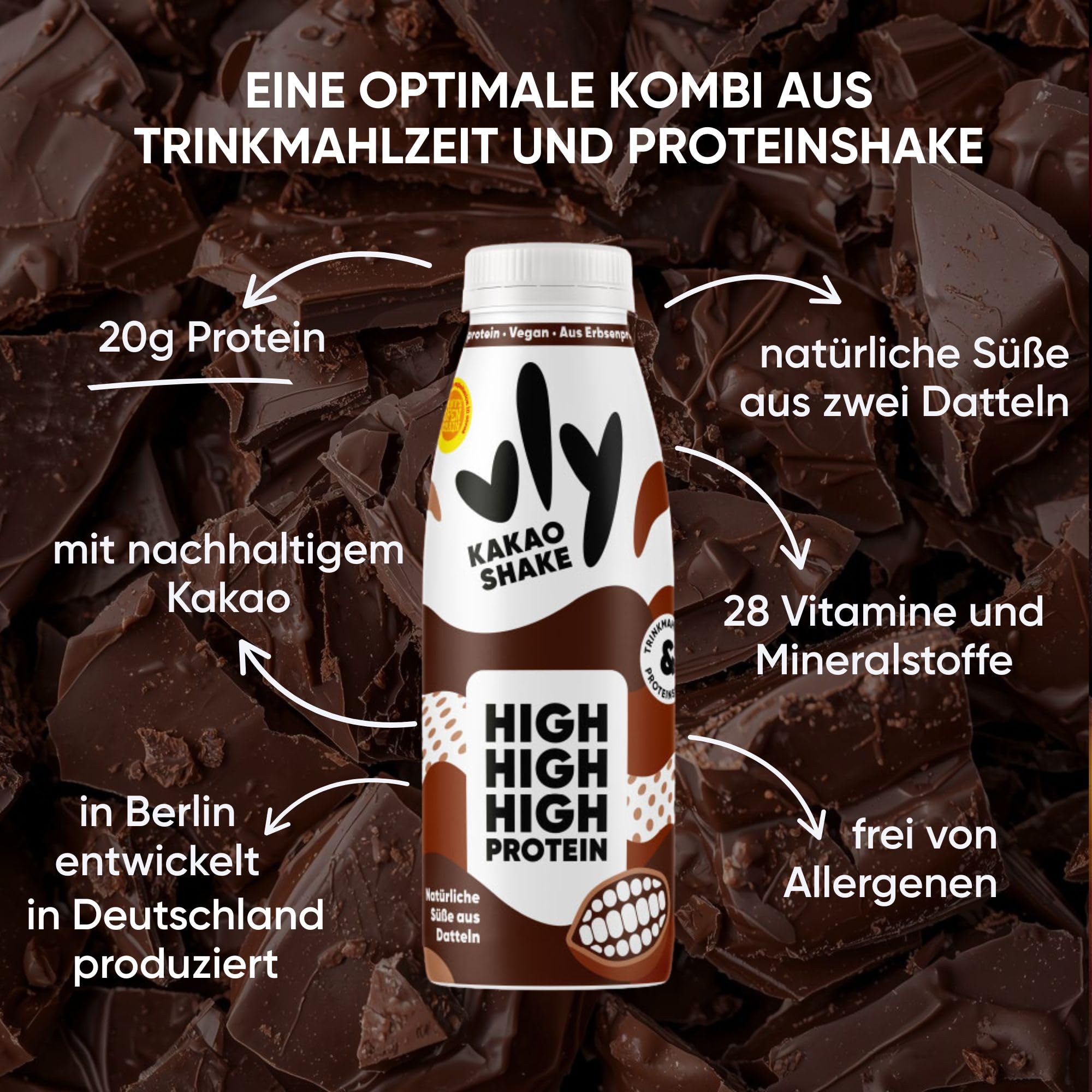 vly Kakao Shake - 2in1 Trinkmahlzeit & Proteinshake vegan | 20g Protein, 28 Vitamine & Nährstoffe, 10,4g Ballaststoffe | Zuckerfrei Laktosefrei | Nachhaltiger Kakao Eiweiß Proteindrink - 8x400ml