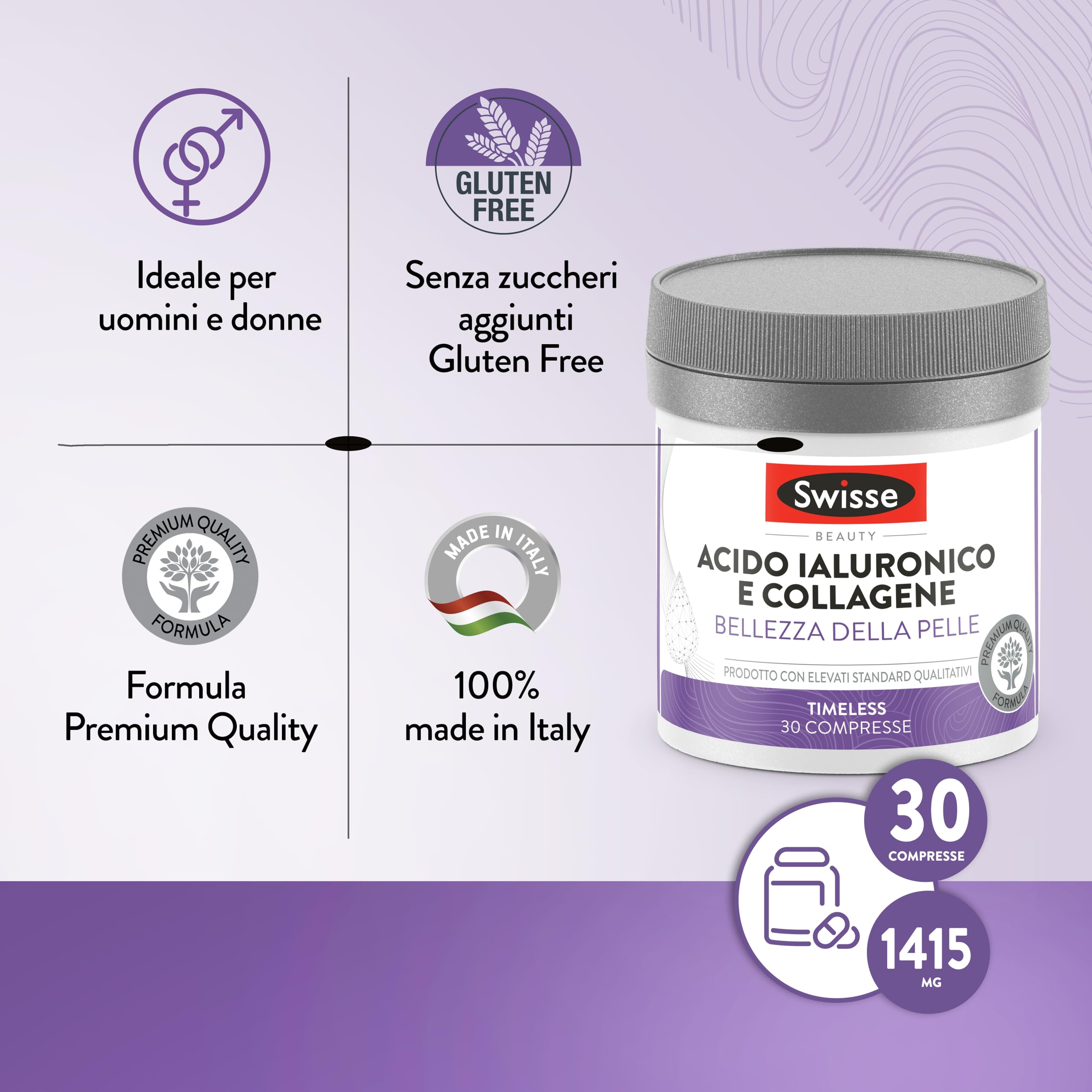 SWISSE Collagene e Acido Ialuronico - Collagene Integratore Donna Uomo con Vitamina C, E, Rame Protegge dallo Stress Ossidativo per Pelle Elastica, Integratori Attenua Rughe 30 Compresse Made in Italy