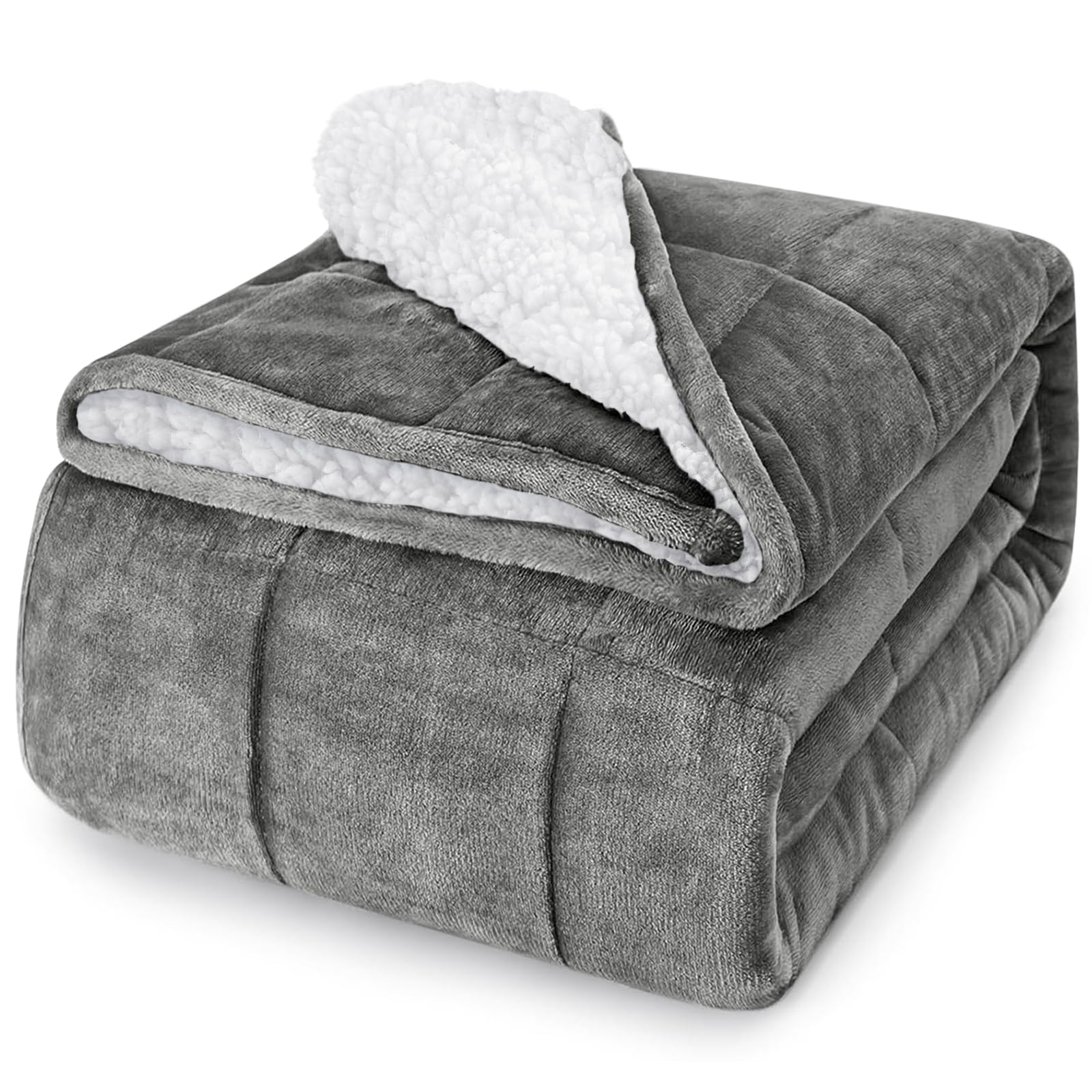 CYMULA Flannel Weighted Blanket Adult: 60×80inch Sherpa Fleece Heavy Blanket - Breathable Soft Blanket 15lbs Queen Size - Snuggly Bed Blankets with Glass Beads- Light Grey