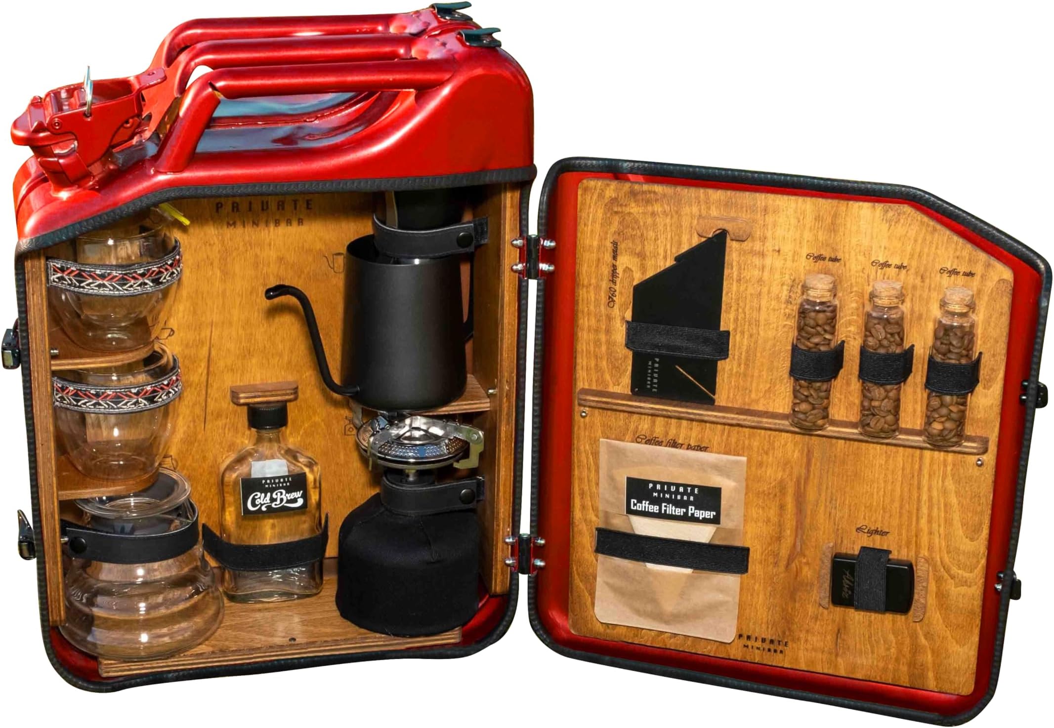 Jerry Can Brewed Coffee Set, Customized Gift Box, V60 Dripper, Double Walled Cup, Cafe Grinder, Handmade Travel Kit, Birthday Gift (Red)