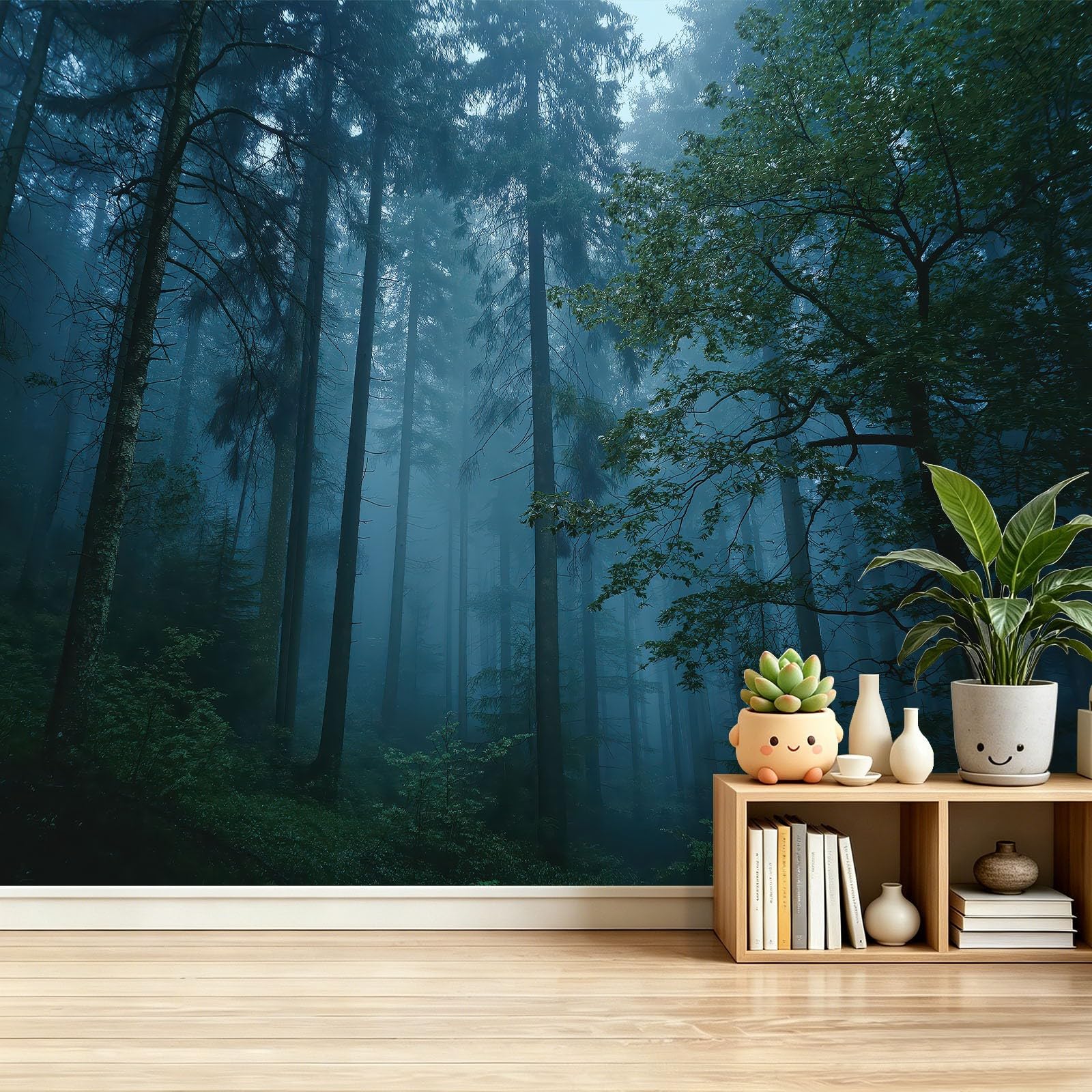 Papier Peint Intissé Bleu paysage naturel forêt en brume déco murale 350x256 cm
