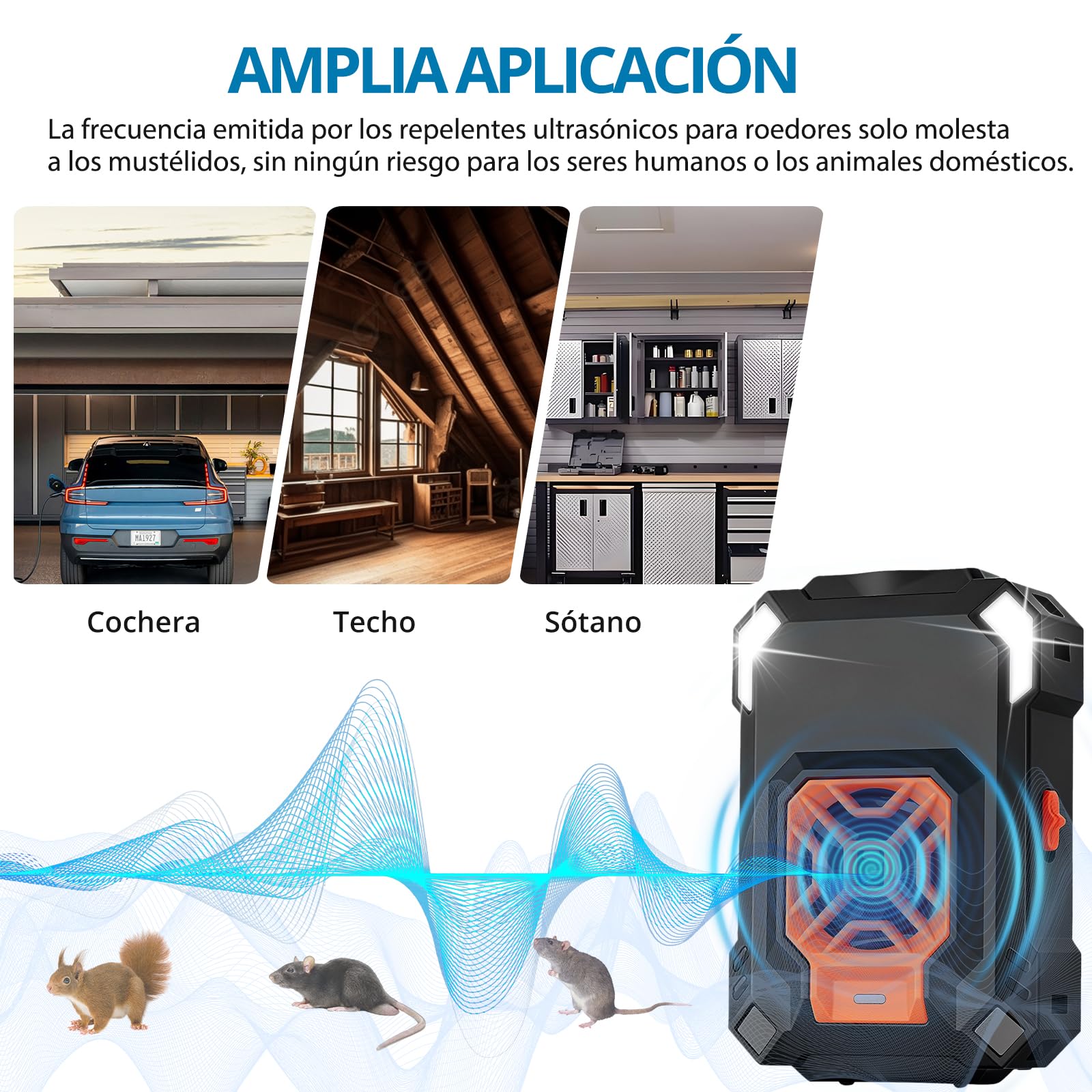 AUTOUTLET Repelente de Ratas Ultrasonico Coche 20-50 kHz Ultrasónico Repelente de Martas con Luz LED Intermitente, Alimentar con Baterías AAA, Batería de Coche o USB Función Start-Stop