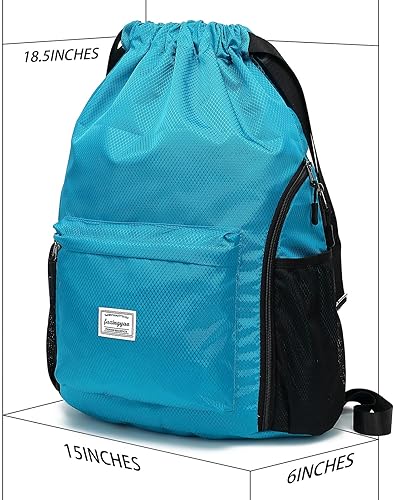Miniatura 6 de FUXINGYAO Mochila deportiva con cordón y compartimento para zapatos, mochila de cuerda para mujeres y hombres (negro), Azulclaro, Sencillo y fácil