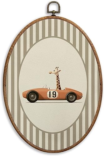 SONMYSULIL Vintage Giraffe Race Car Nursery Wall Art Decor, Kids Room Oval Wall 