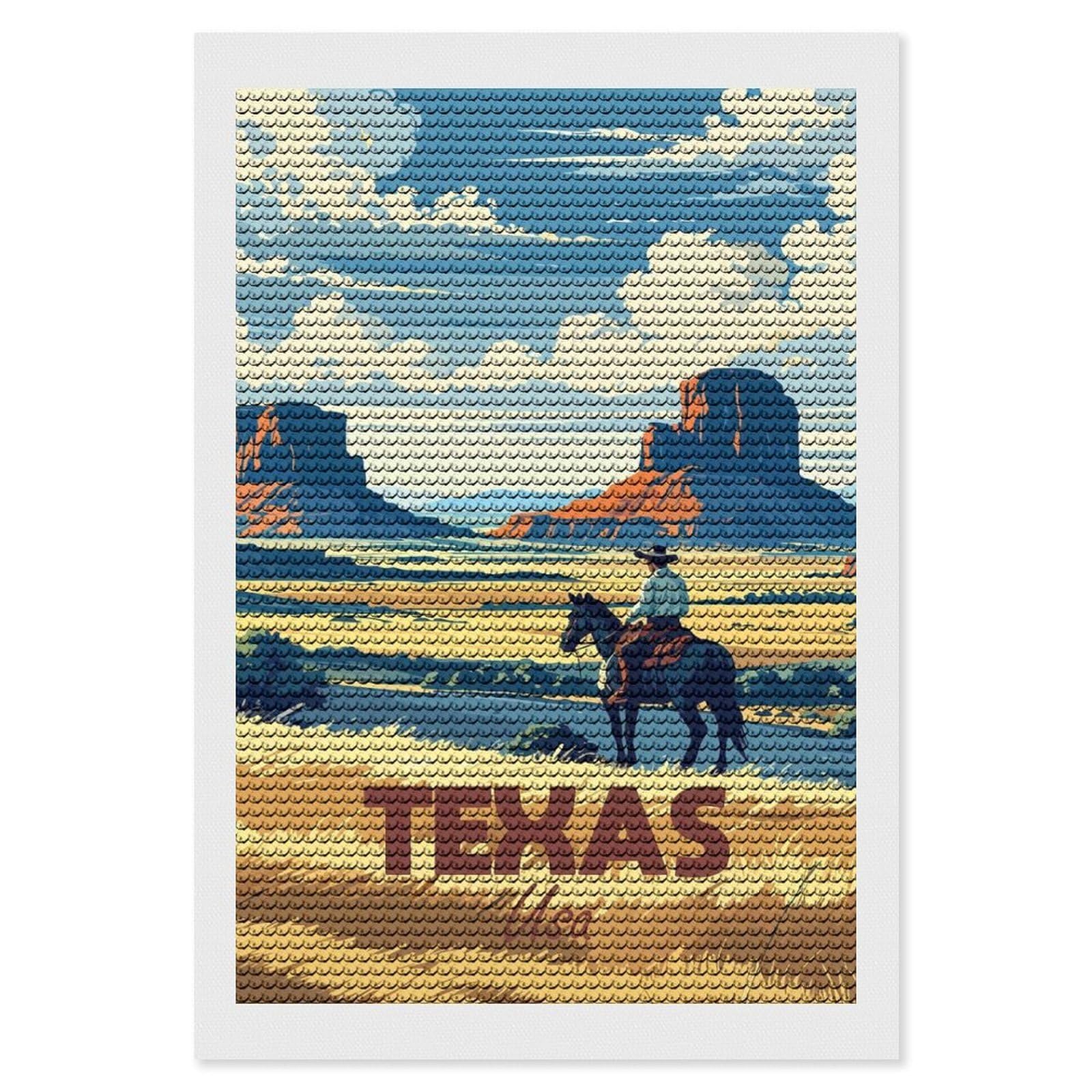 Junmoney Texas USA Cowboy Landscape Illustration Diamond Painting Set 8"x12", Sparkling Round Gems, Decorate Your Room, Fun Craft Experience, Modern Decor