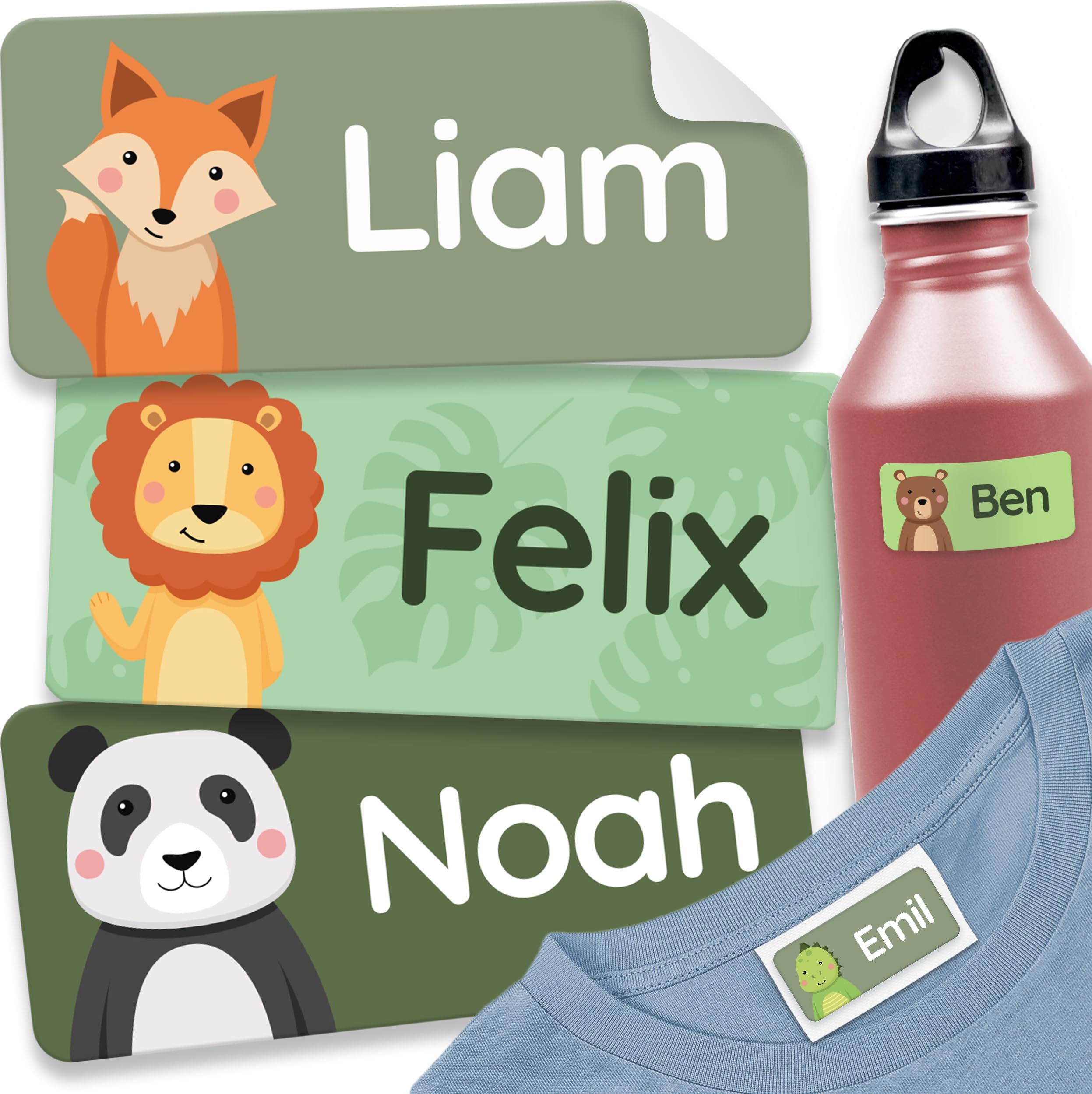 melu kids® Namensaufkleber für Kinder - Kleidung & Gegenstände (60 Stück) Kita/Schule - Namensschilder für Kleidung waschmaschinenfest und personalisiert (Grün)