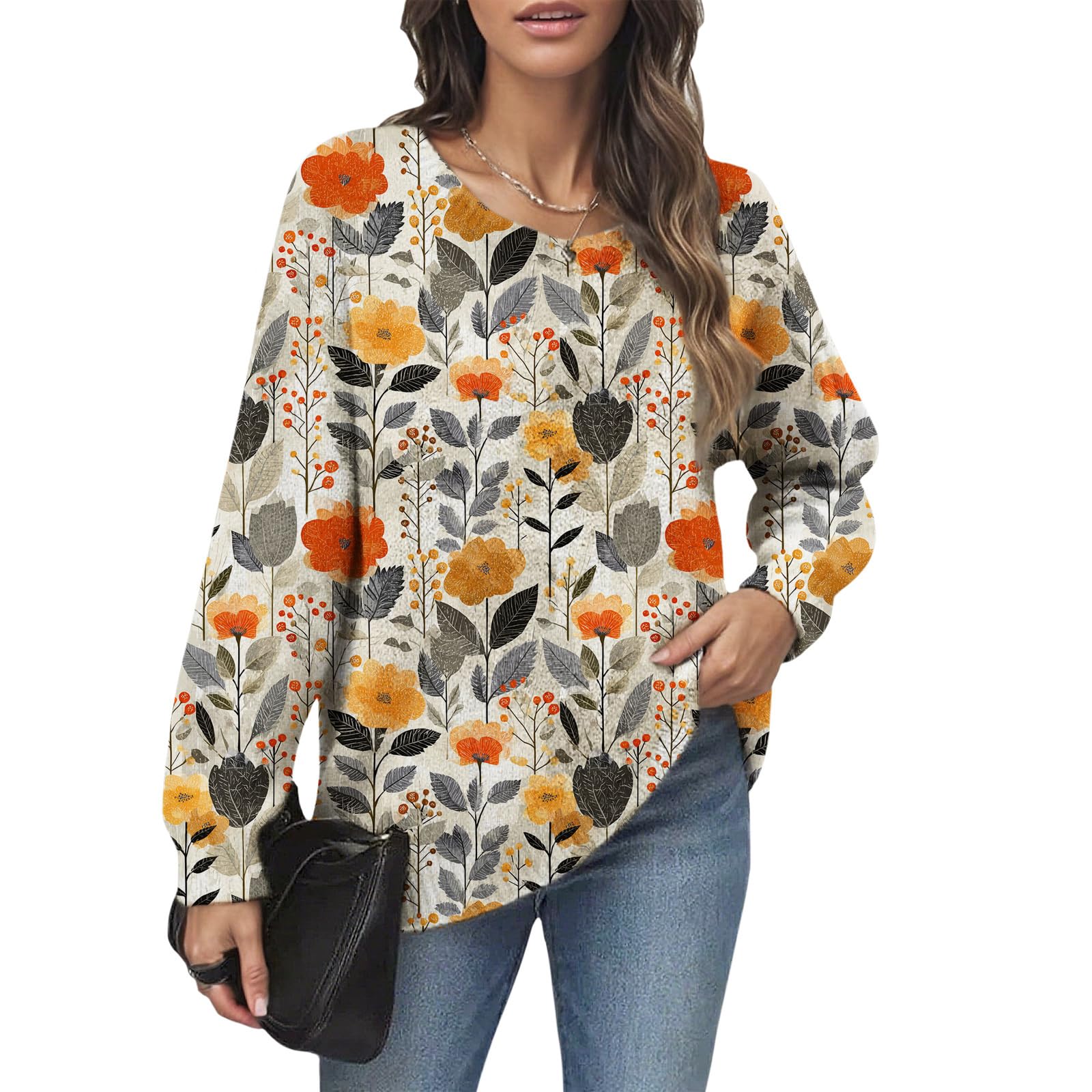 LIZALIG Womens Plus Size Boho Printed Sweater Vintage 2025 Fall Fashion Long Sleeve Casual Crewneck Pullover Top