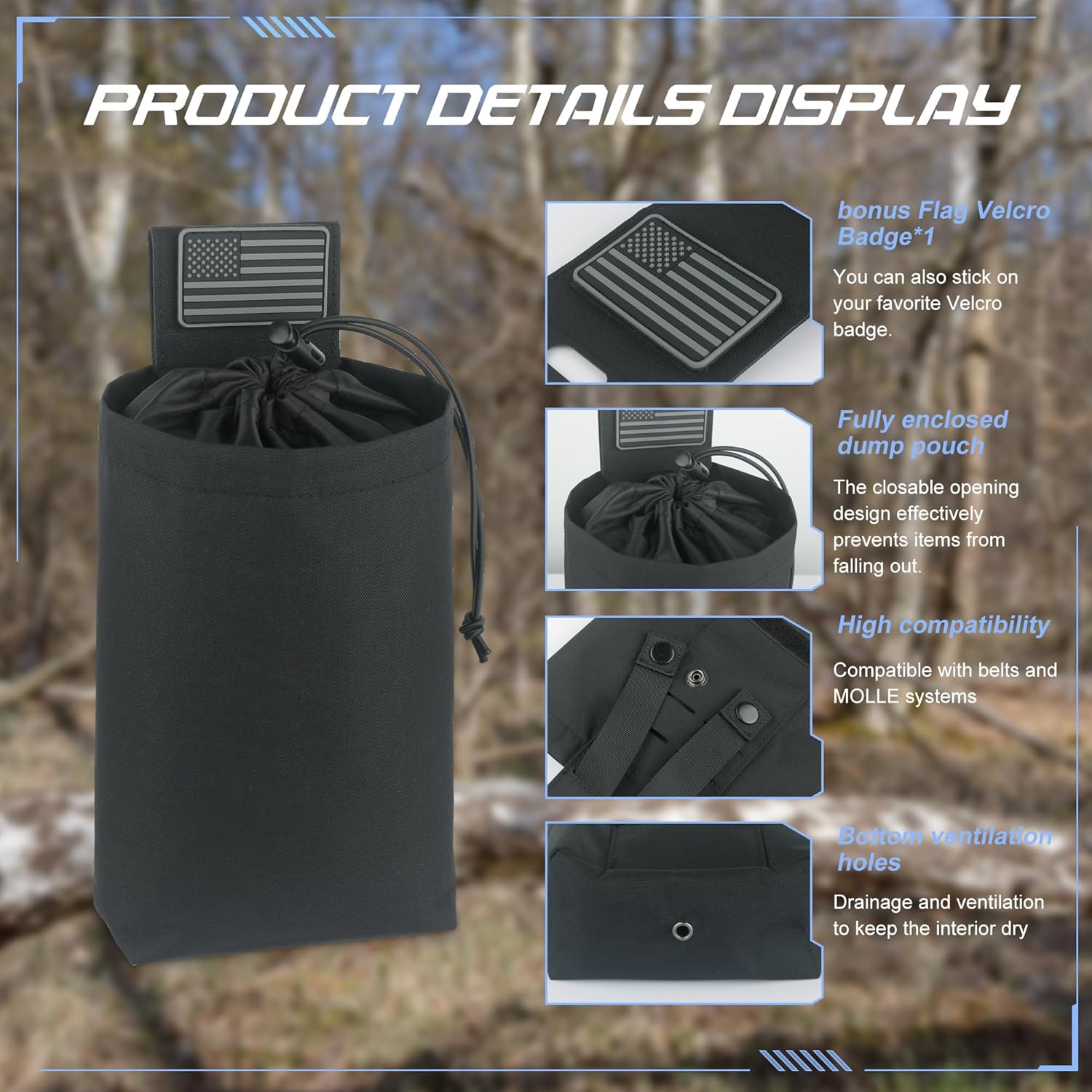 Tactical Dump Pouch for Battle Belt & MOLLE Systems | Foldable Mag Pouch with Drawstring Closure | for Hunting, Duty, Paintball | Includes Flag Patch