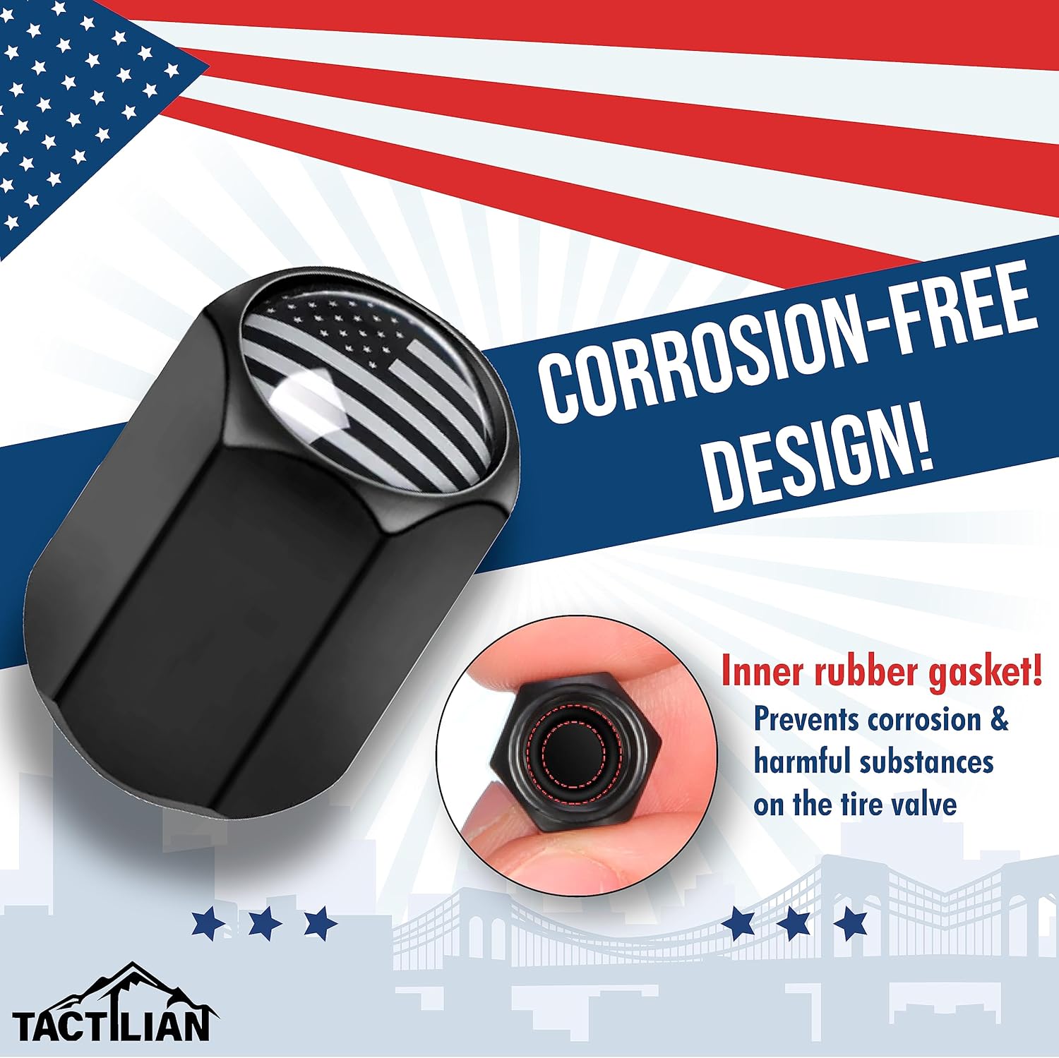 Tactilian Patriotic Car Accessory Bundle - American Flag Car Magnets + Topography License Plate Frame + USA Flag Tire Valve Stem Caps