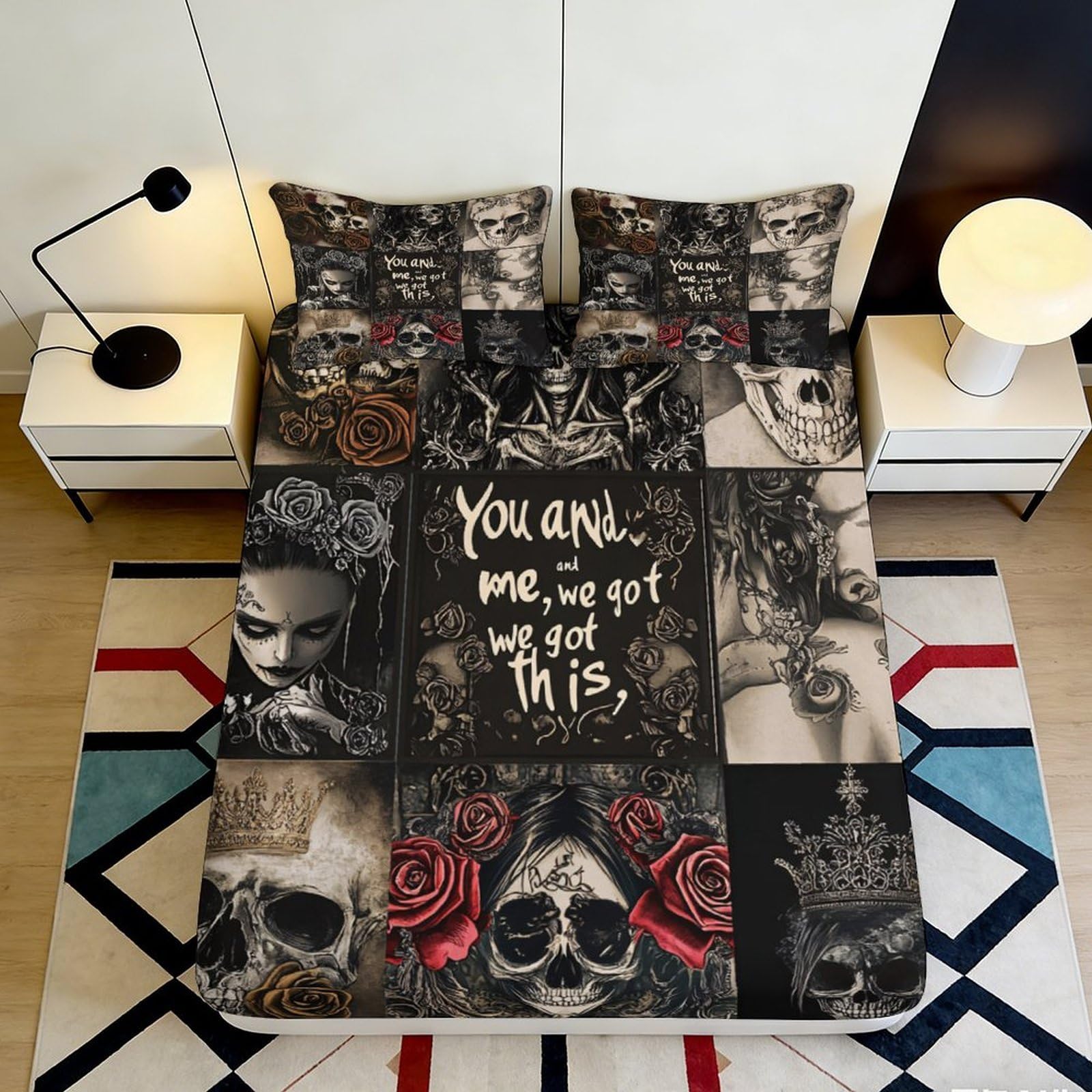 Jqzkxnhpbr Style-1 3D Printed Skull Rose Fitted Sheet Microfiber Soft Breathable Gothic Art Mattress Cover Bedroom Decor 90X200x25cm