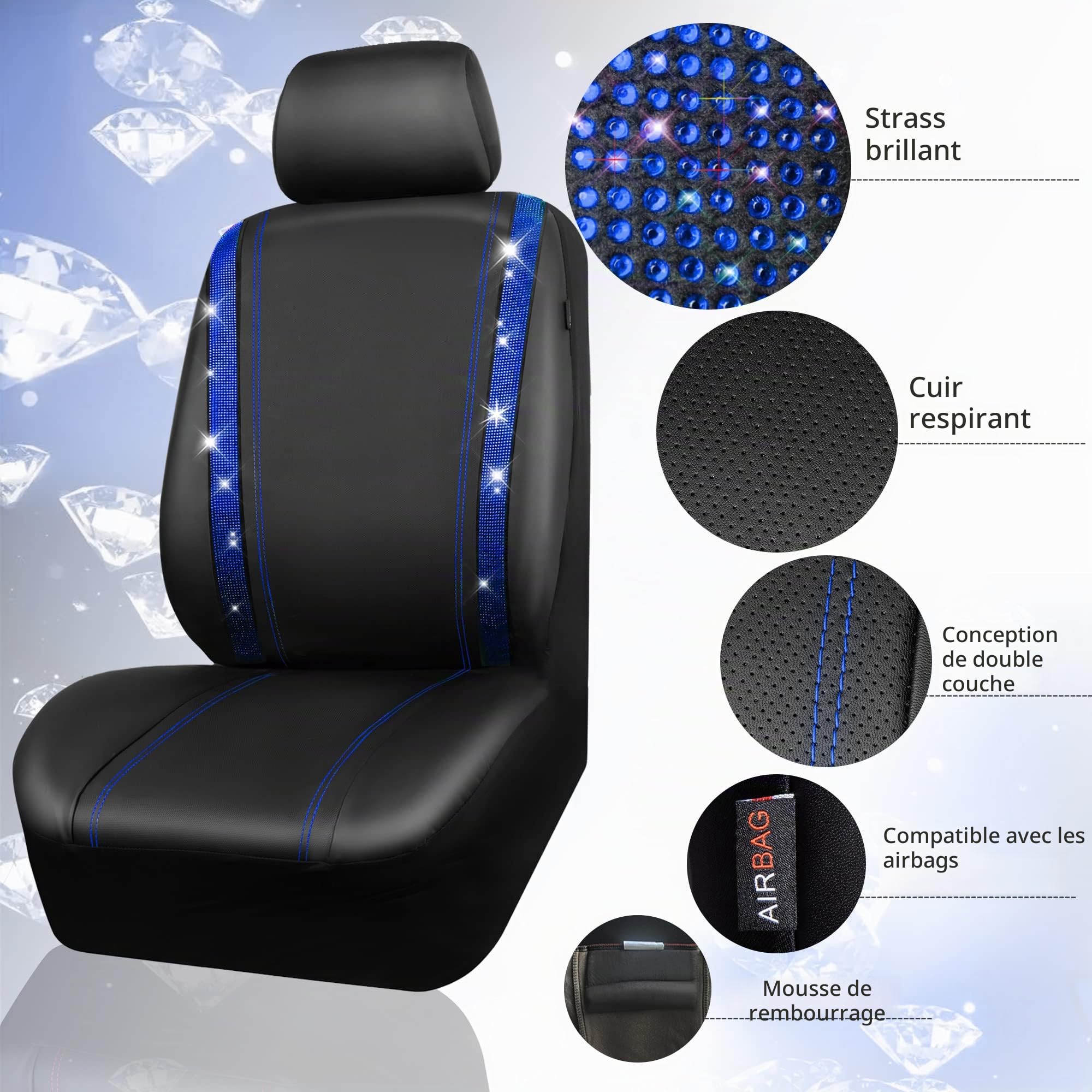 CAR PASS Housses siège Voiture en Cuir imperméable, Bling Diamant Brillant Cristal Scintillant, Universel pour 95% de Toutes Les Automobiles Camions SUV, Femmes Hommes(Ensemble Complet, Bleu)