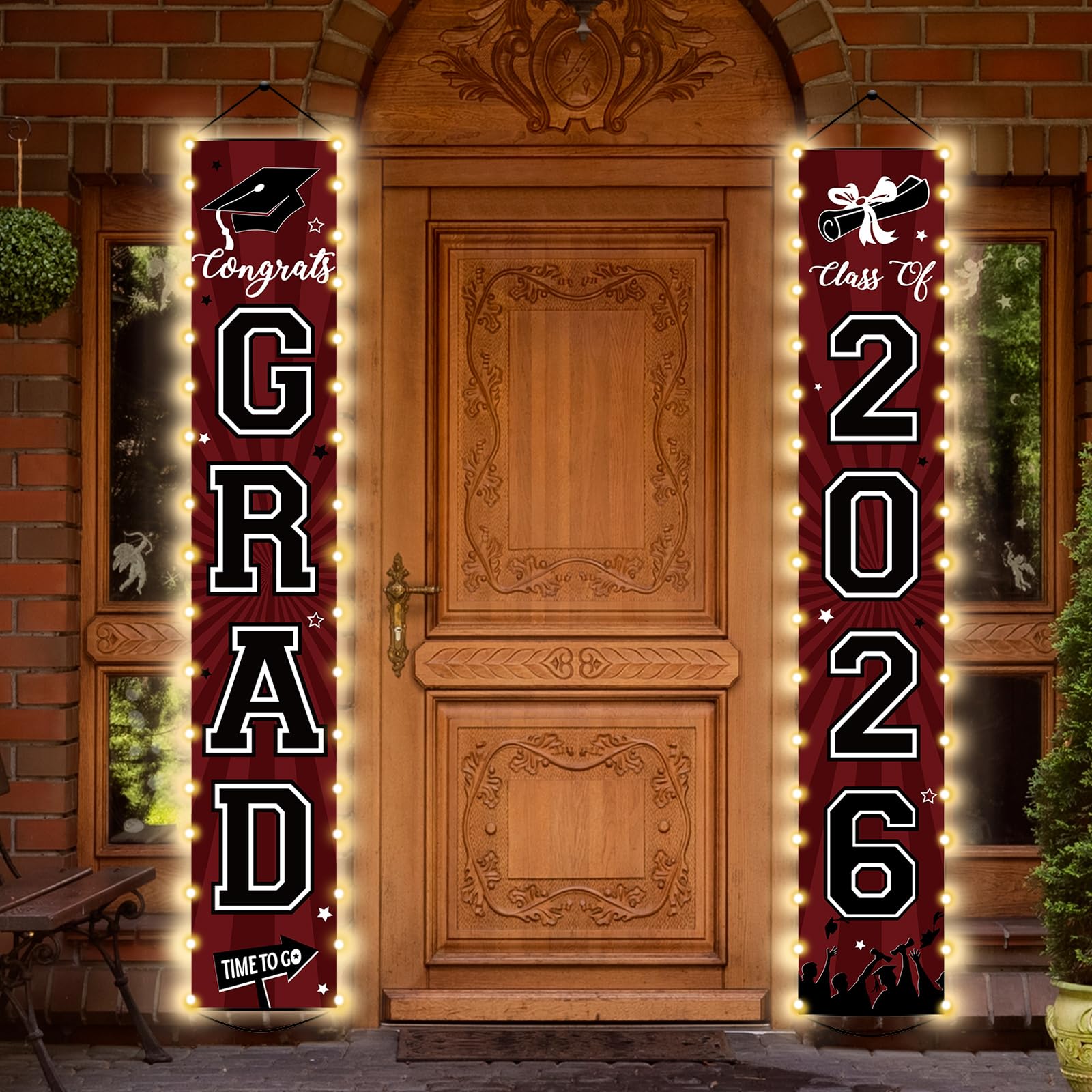 Photo 1 of 2026 Graduation Banners Lighted Decorations Class of 2026 Congrats Grad Porch Sign Banners with LED Light Welcome Hanging Door Decor Party Supplies for Indoor Outdoor(Maroon and Black)