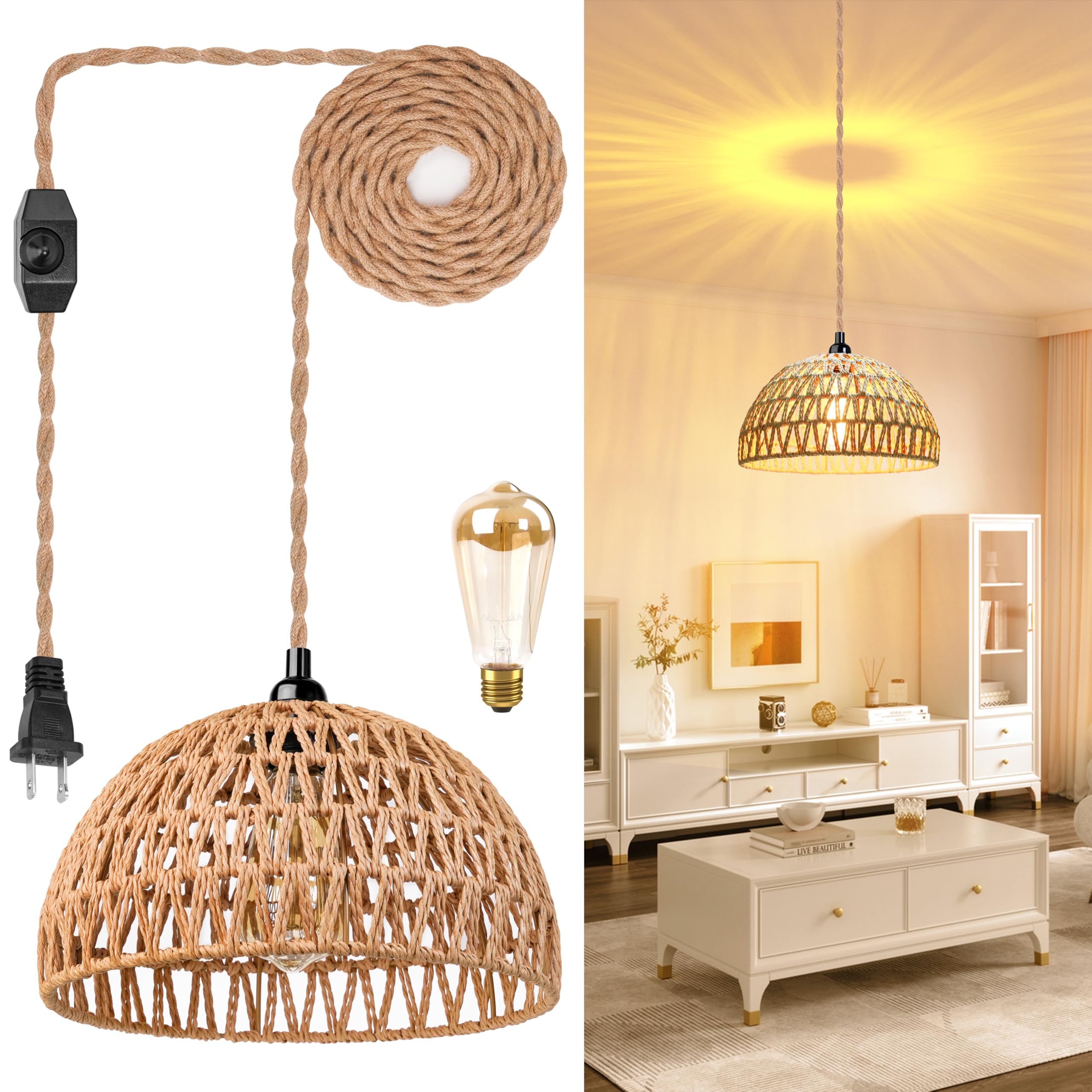 Plug in Pendant Light Rattan Hanging Lamp with 15 Ft Hemp Rope Cord, Wicker Hanging Lights with Bamboo Basket Lamp Shade,Dimmable Switch Woven Boho Plug in Ceiling Light for Living Room Bedroom
