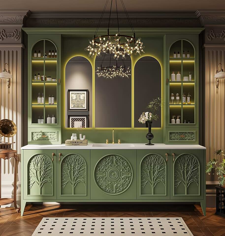 100" Freestanding Bathroom Vanities, Solid Wood Vanities Set with Sink, Anti-Fog Mirror and Storage Side Cabinet, Luxury Bathroom Cabinet with Spacious Countertop and Large Storage Space (Green)
