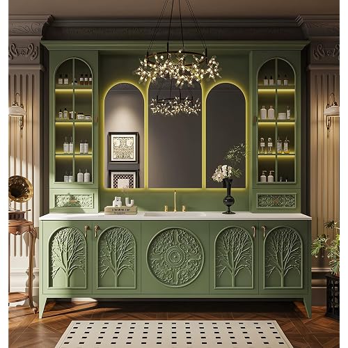 80" Freestanding Bathroom Vanities, Solid Wood Vanities Set with Sink, Anti-Fog Mirror and Storage Side Cabinet, Luxury Bathroom Cabinet with Spacious Countertop and Large Storage Space (Green)