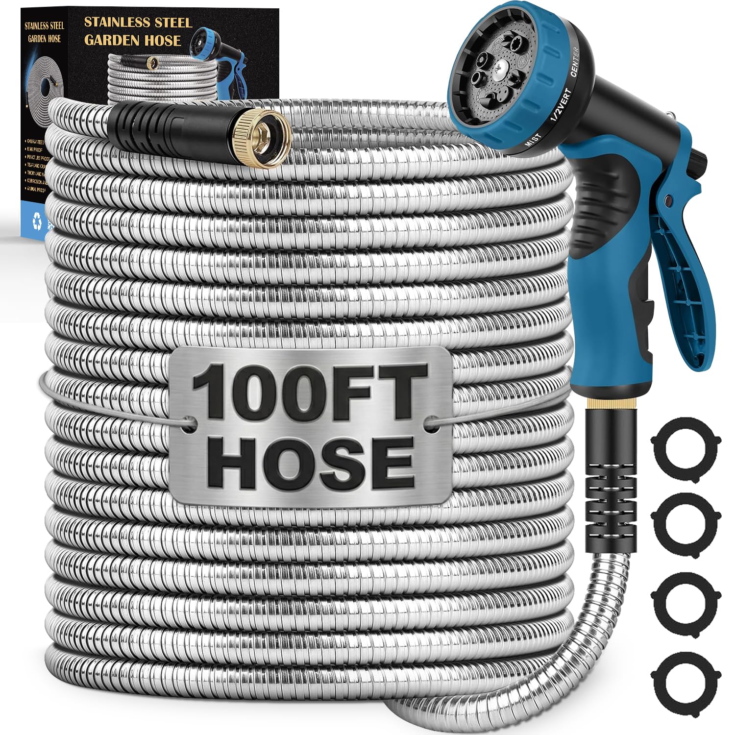 LINODI 100ft Stainless Steel Garden Hose – 3/4" GHT Solid Brass Connectors – Heavy Duty Flexible Metal Water Hose with 10-Way Spray Nozzle – Kink-Free Watering Kit