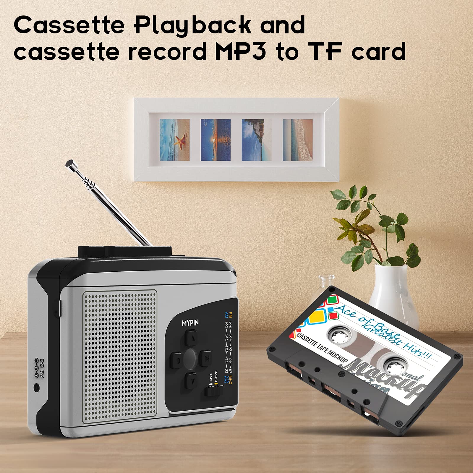 MYPIN Reproductor de Cassette Radio Am/FM Estéreo con Altavoz y Auriculares, Cassette Reproductor & Convertidor Audio Cassette a MP3 Digital,Admite Grabación, Avance rápido y Rebobinado