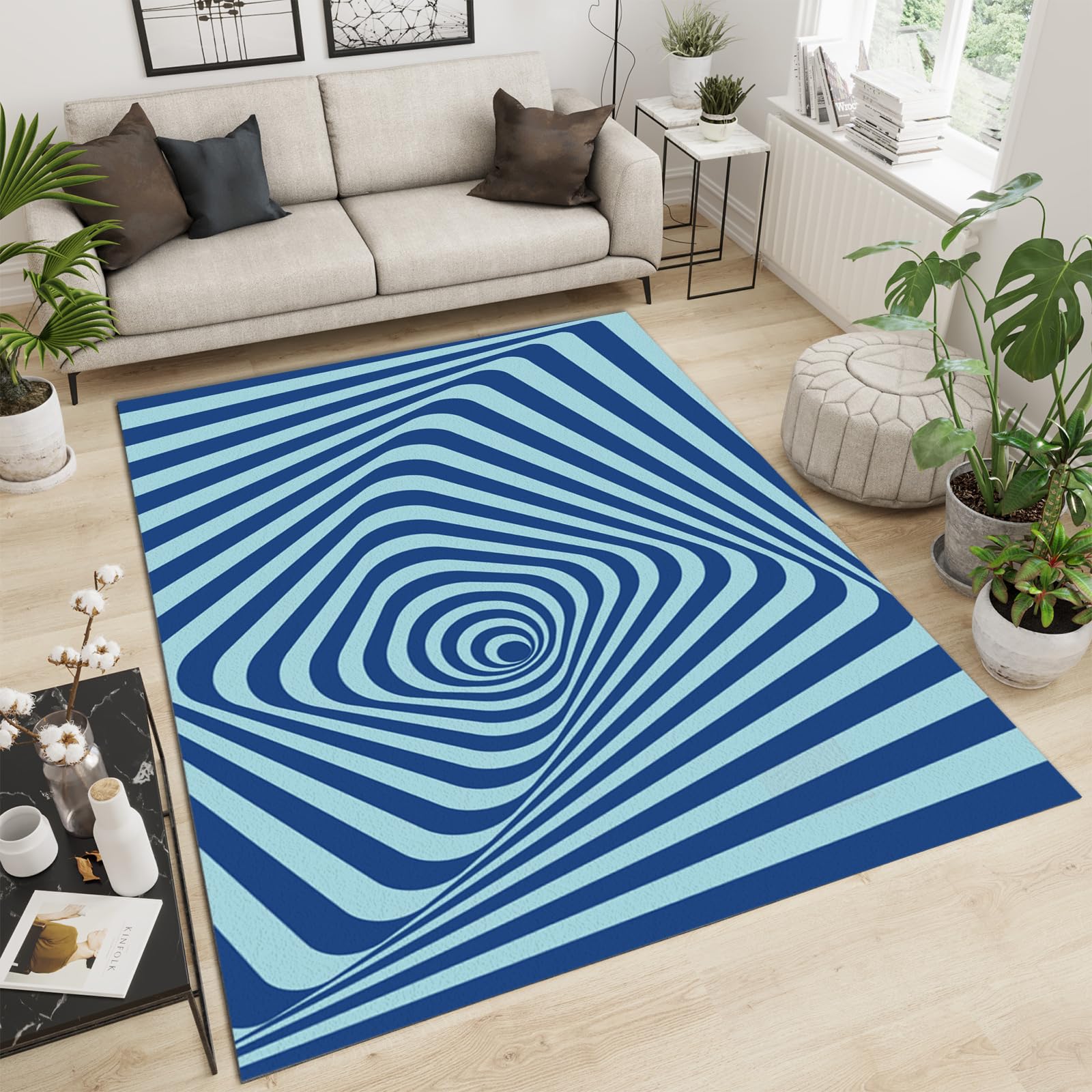 Blue Optical Illusion Area Rug, Abstract Swirl Non Slip Easy Care Decorative Rugs, Breathable Durable Carpet for Indoor Bedroom Living Room Sofa