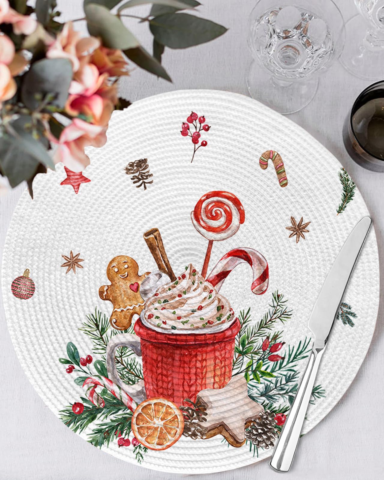 Weihnachtliche Runde Tischsets – 4er Set Mit Lebkuchen-Motiv – 38,1 Cm Durchmesser, Gewebt, Waschbar & Hitzebeständig